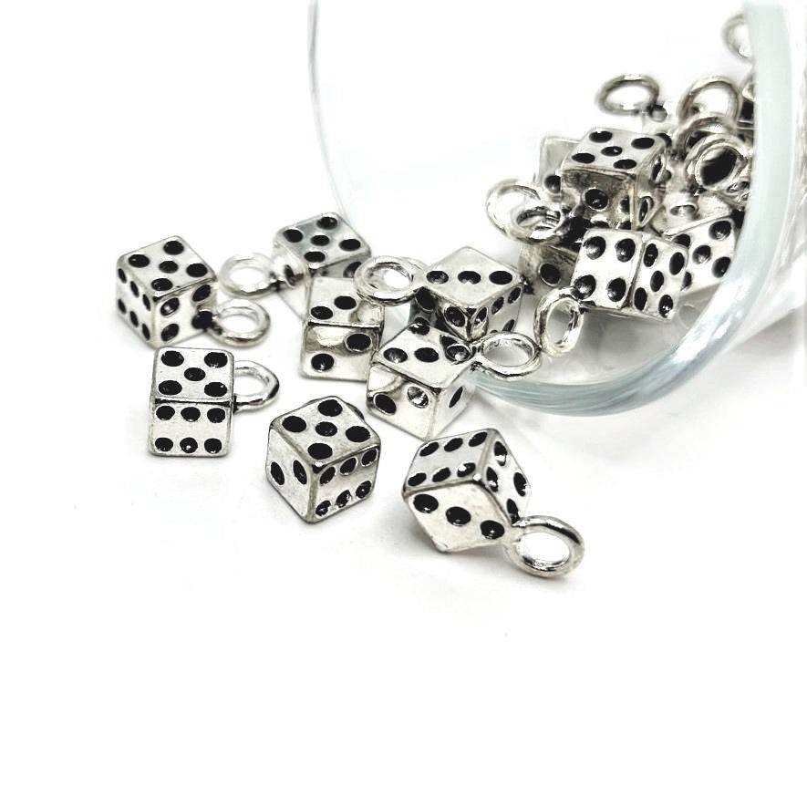 Silver Dice Gambler 3D Charms, 11x11mm – US Seller
