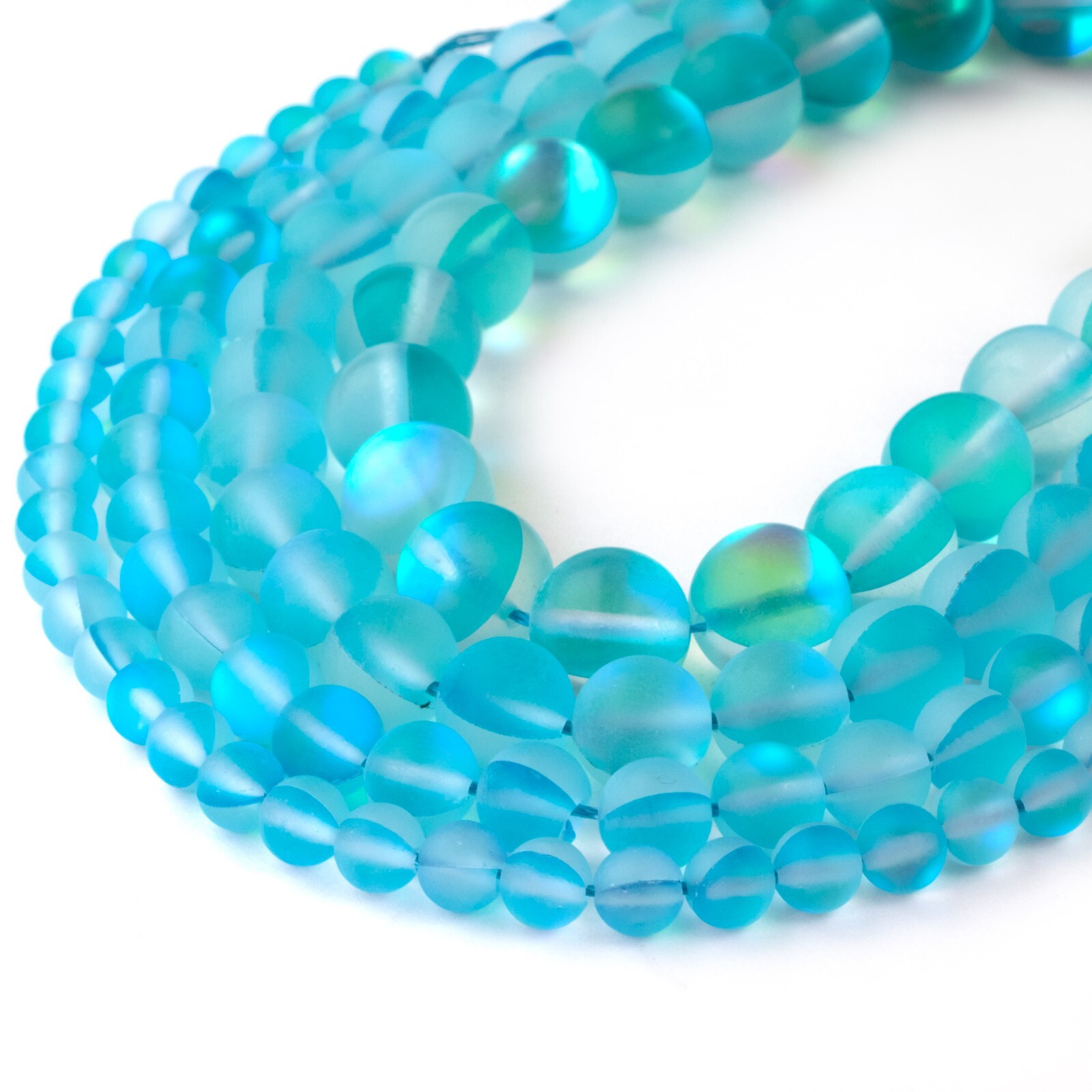 Matte Aqua Blue Mystic Aura Round Beads 15″ Strand Frosted Mermaid Glass