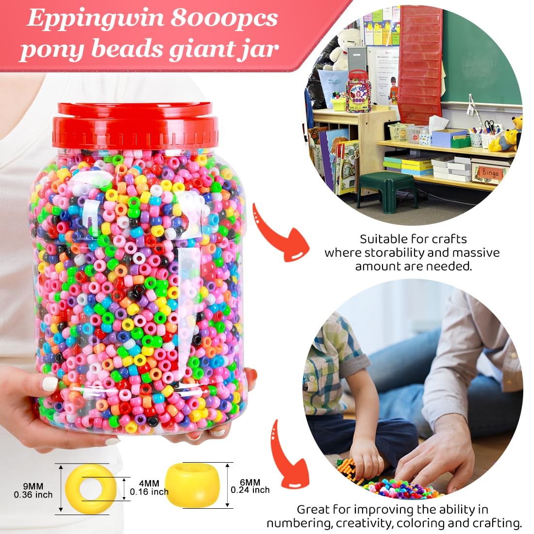 Eppingwin 8000+pcs Large 6x9mm Multi-Color Pony Beads Bucket for Crafts Kandi