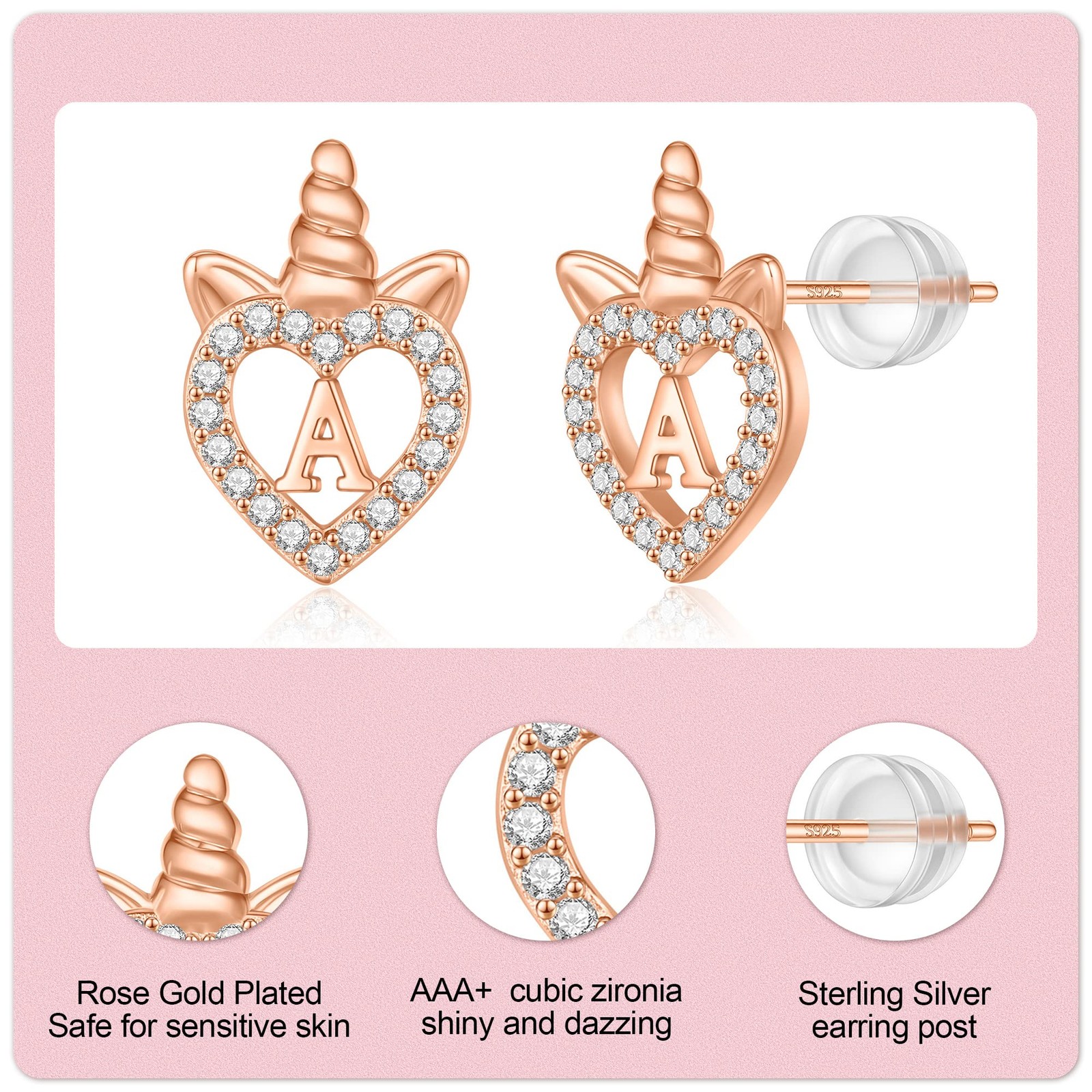 S925 Sterling Silver Unicorn Earrings – Rose Gold Plated, Perfect for Girls & Te
