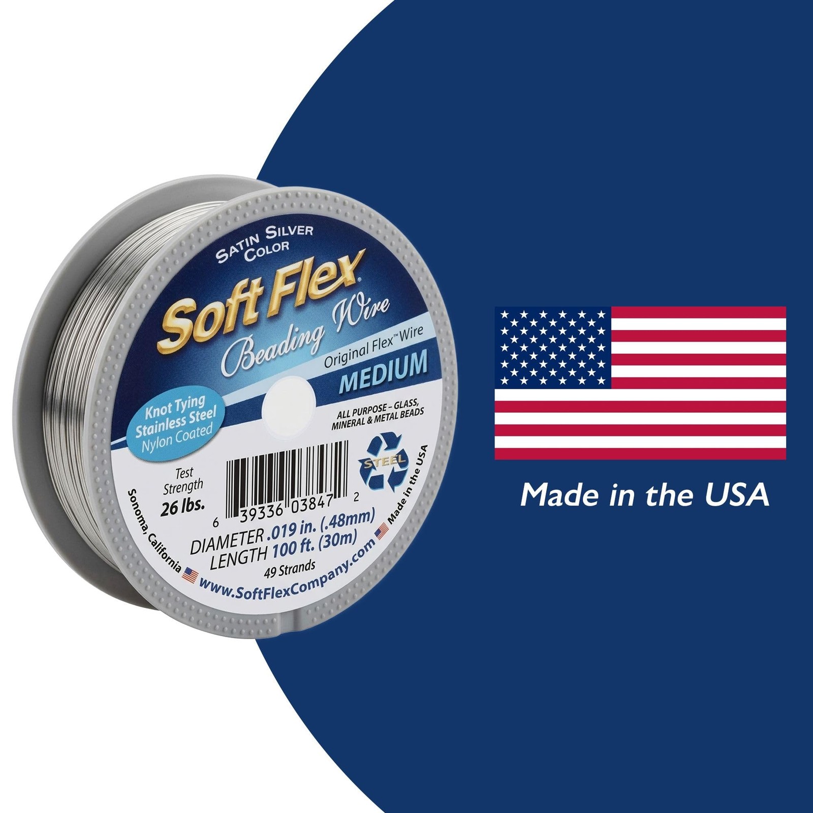 Soft Flex 49 Strand Beading Wire, Medium 0.019 100 Feet, Satin Silver