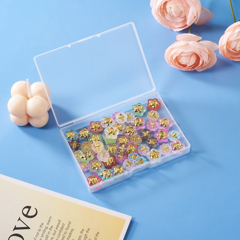 1Box Transparent Star Flower Bee Spray Painted Glass Beads with Glitter Powder
