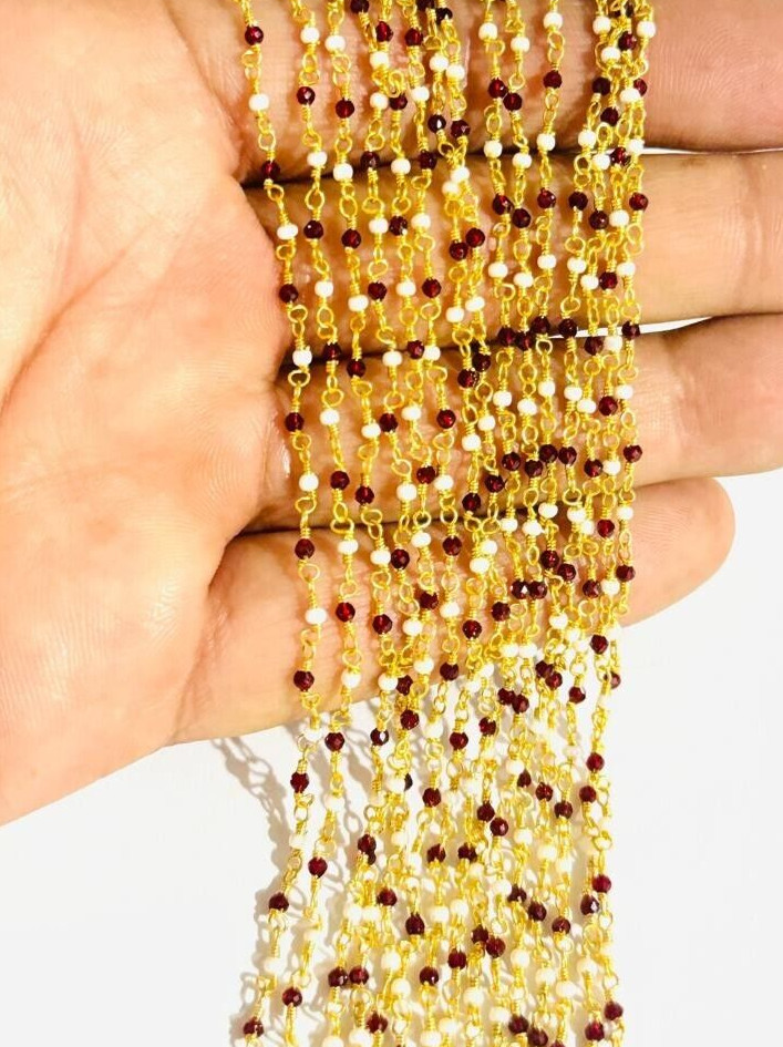 Bulk beaded jewelry making rosary, 2mm garnet hydro & pearl bead wire chain