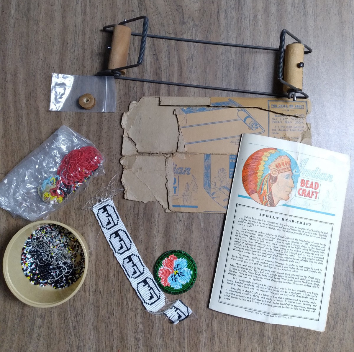 1935 Vintage Walco Indian Bead Loom, w Beads, Instruction Book and Original Box