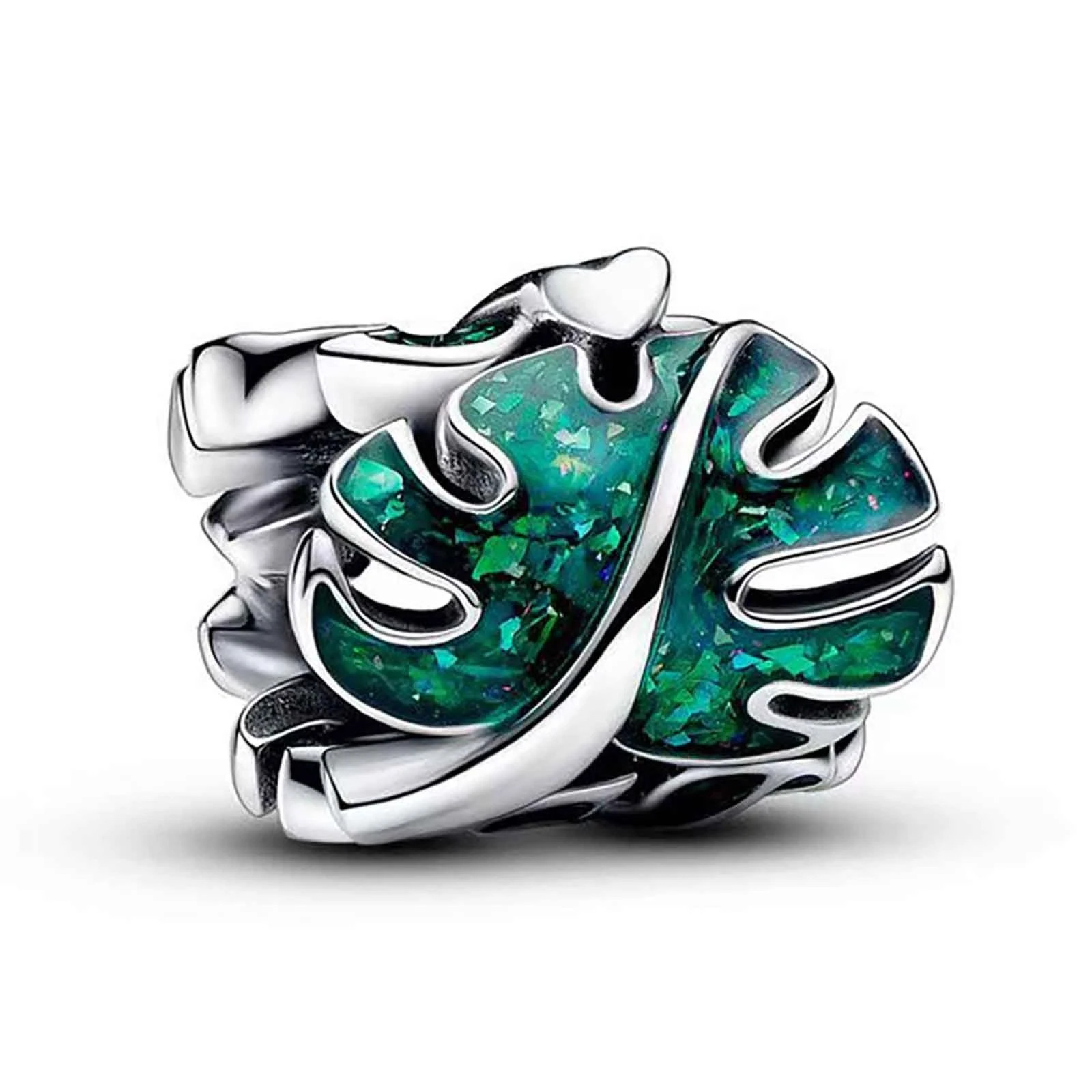 Green Monstera Leaves Charms for Bracelets 925 Sterling Silver with Cubic Zircon