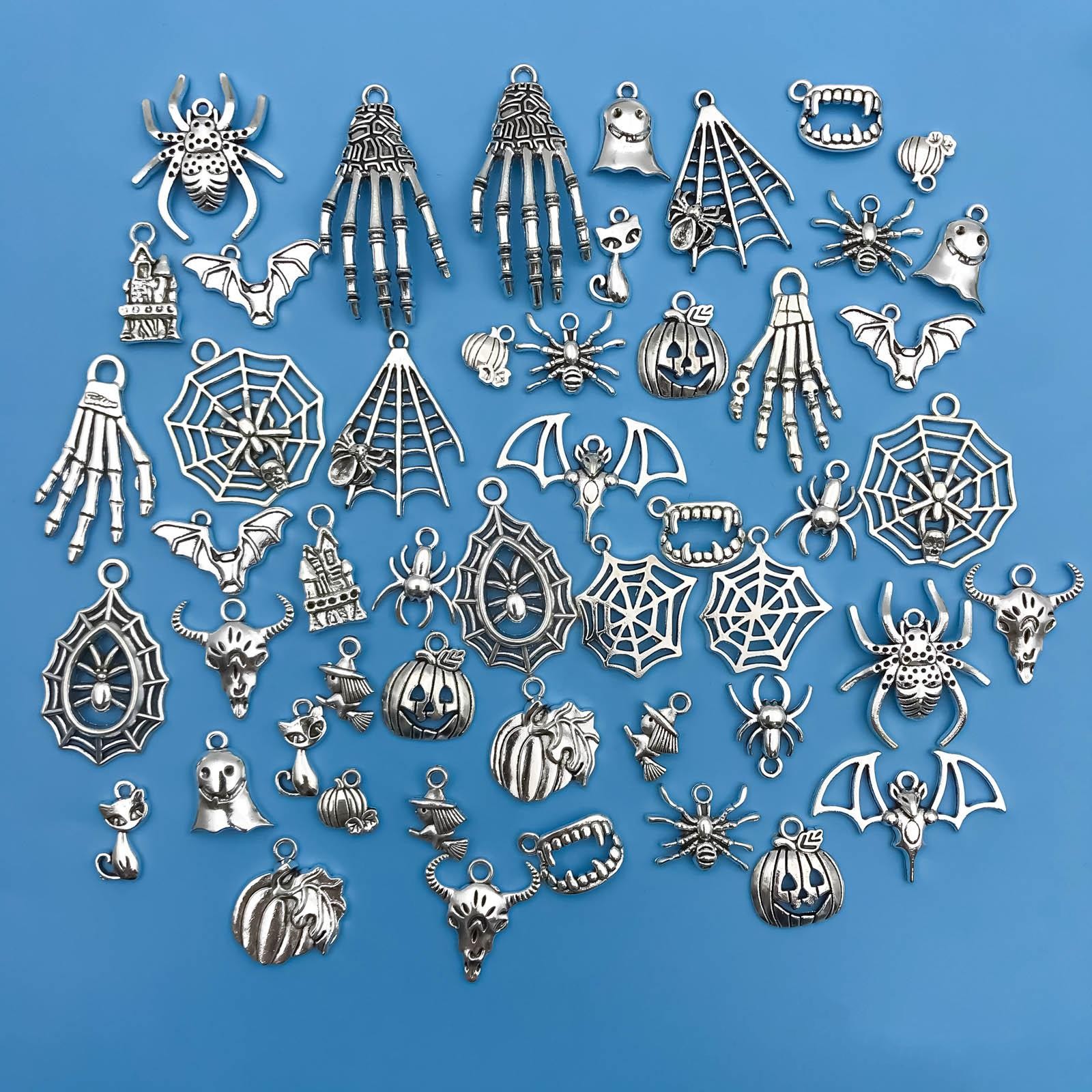 Halloween Charms 50pcs Silver Zinc Alloy Diy Jewelry Making Kit Pendants Bulk Se