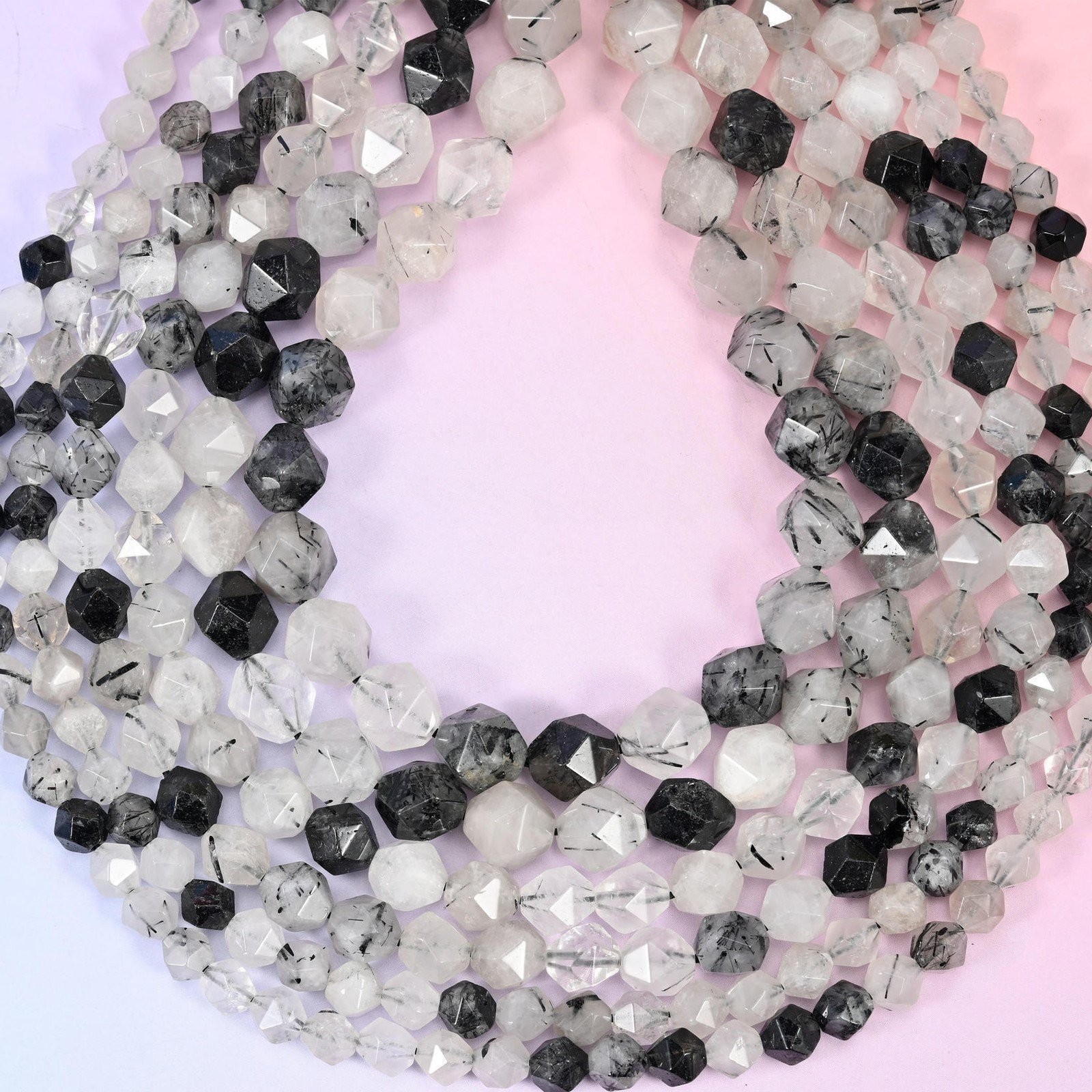 Black Rutilated Quartz Diamond Star Cut Beads 6mm 8mm 10mm 15.5 Inch Strand