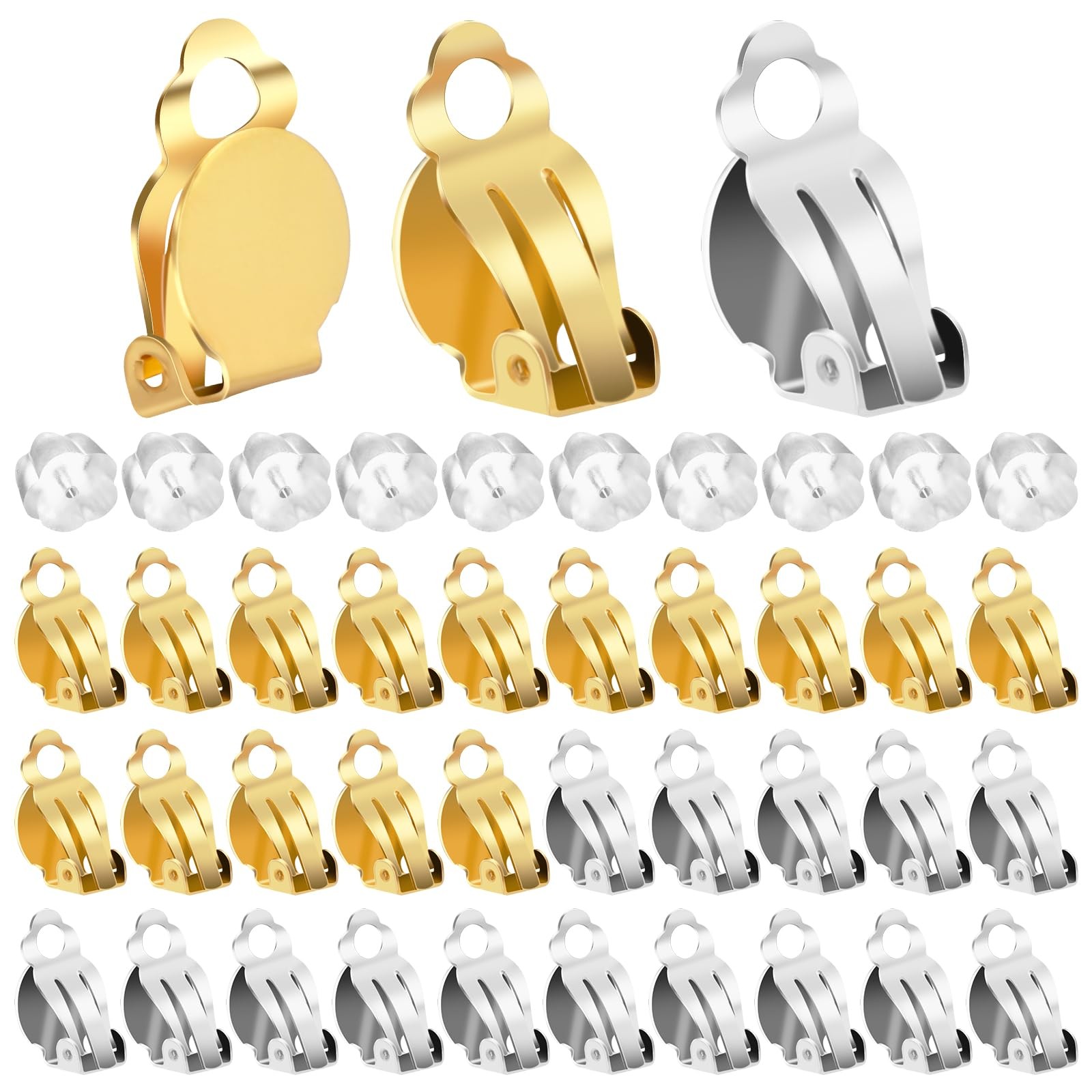 60Pcs Clip On Earring Backs For Jewelry Making Round Flat Back Tray Earring C.