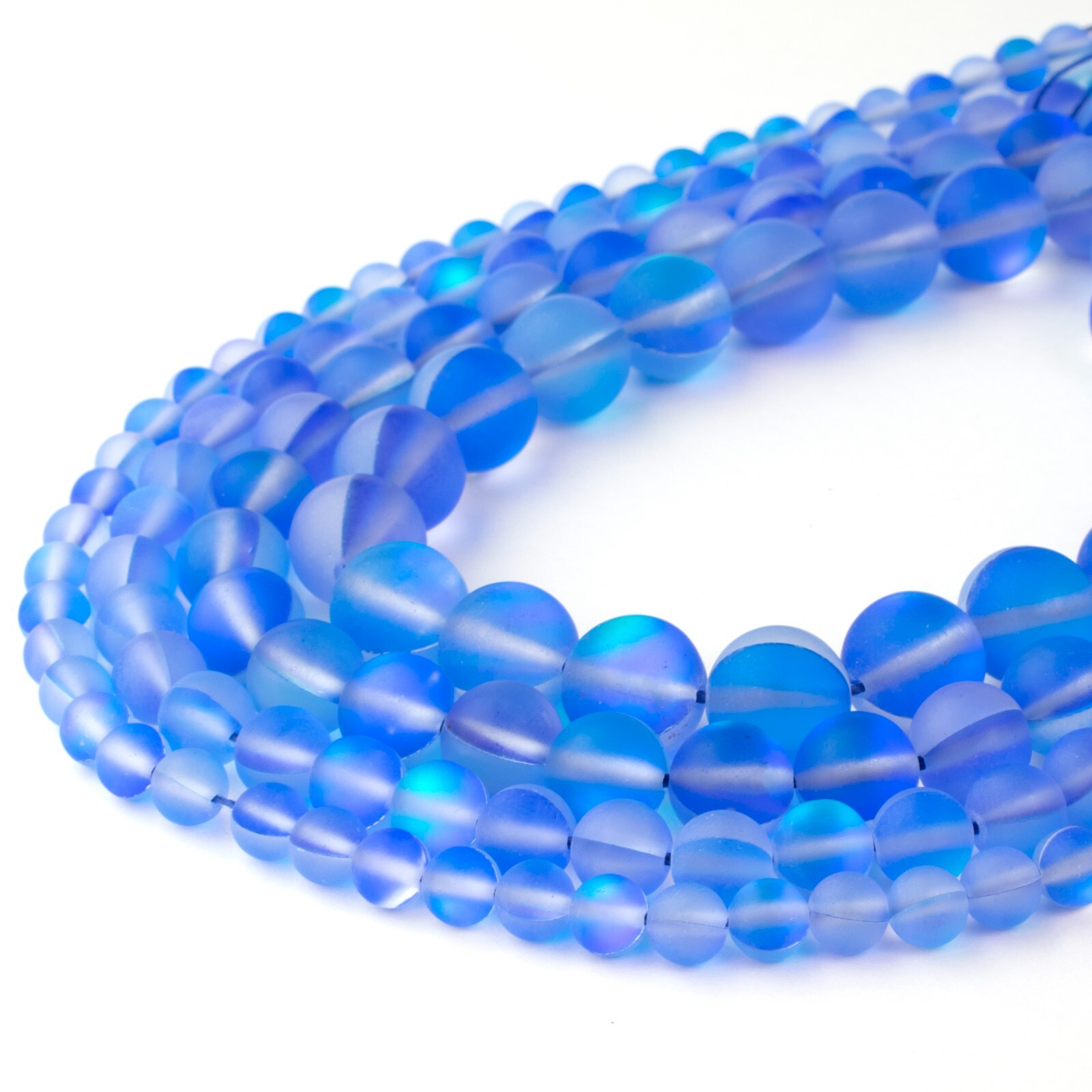 Matte Blue Mystic Aura Round Beads 15″ Strand Frosted Mermaid Glass Moonstone