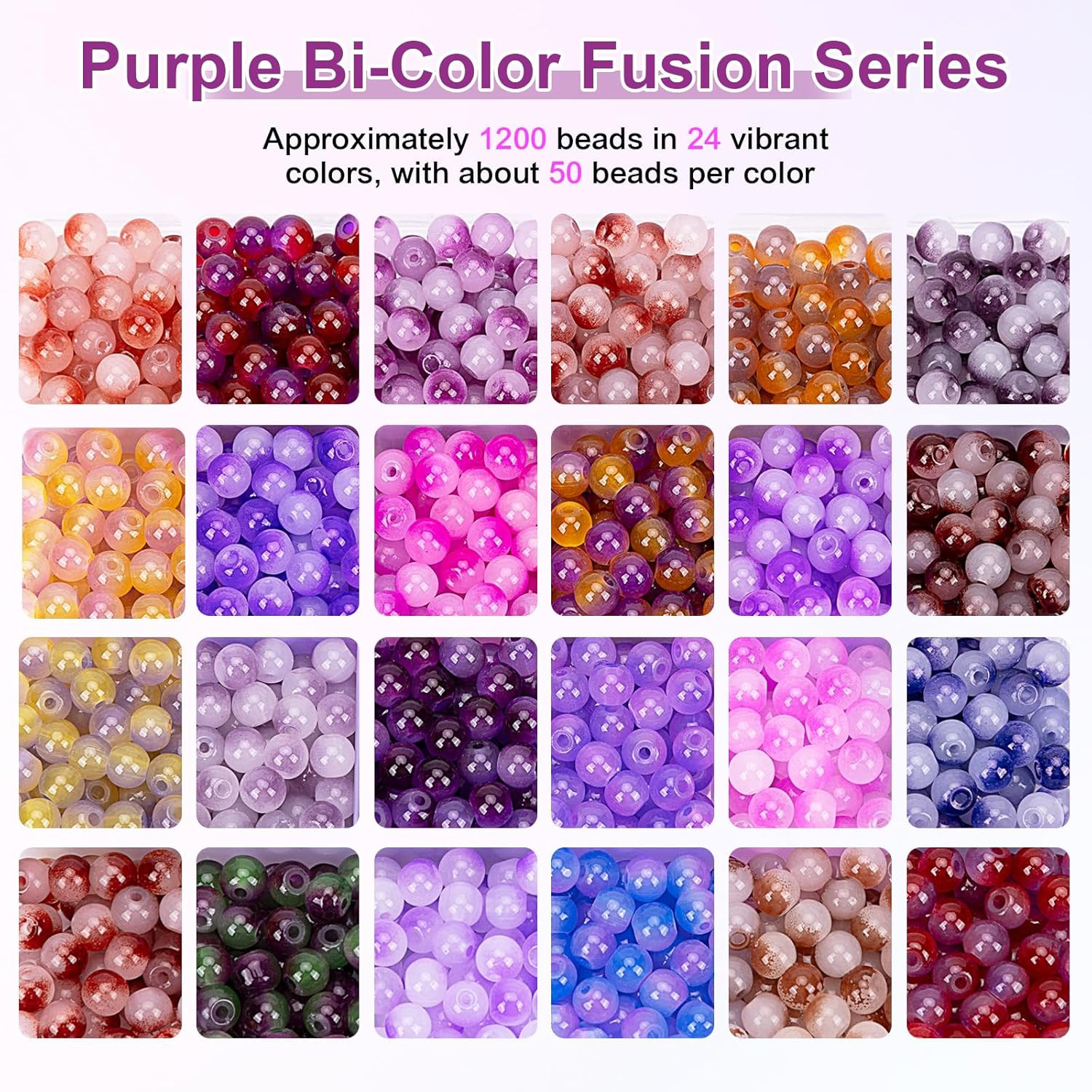 about 1200+ Pcs 6Mm Glass Beads Bracelet Making Kit, 24 Assorted Purple Bi-Color