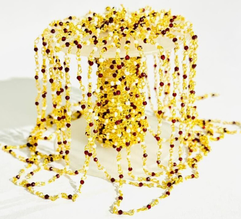 Bulk beaded jewelry making rosary, 2mm garnet hydro & pearl bead wire chain