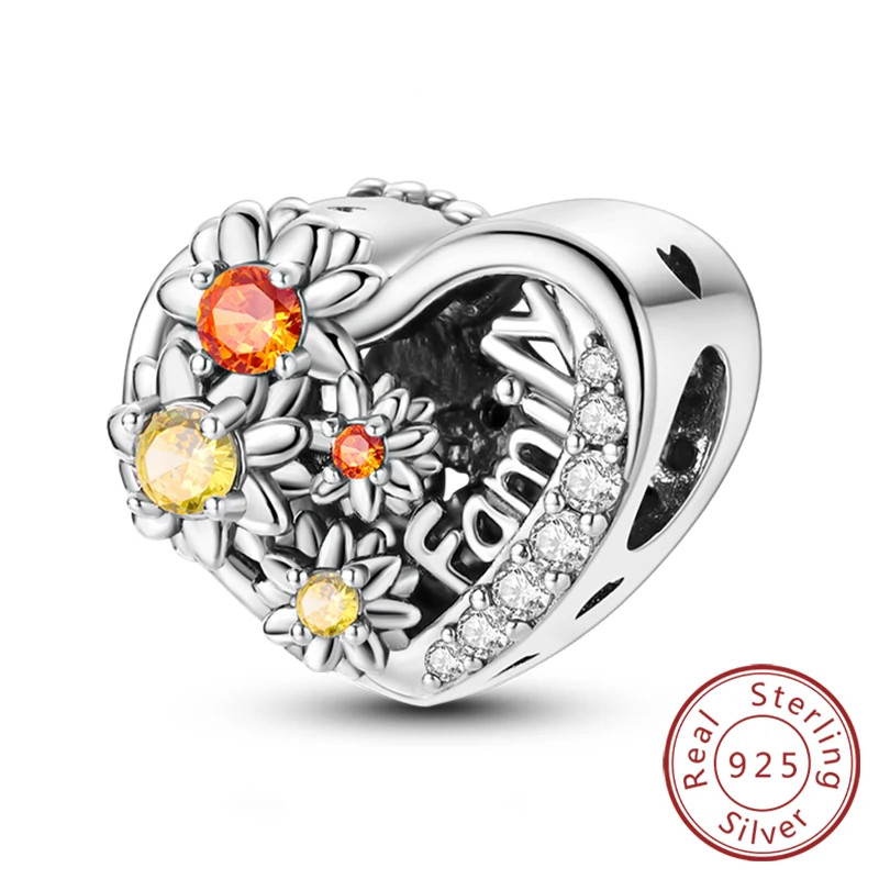925 Sterling Silver Charm Beads Family Sister Love Heart Pendant DIY Bracelet