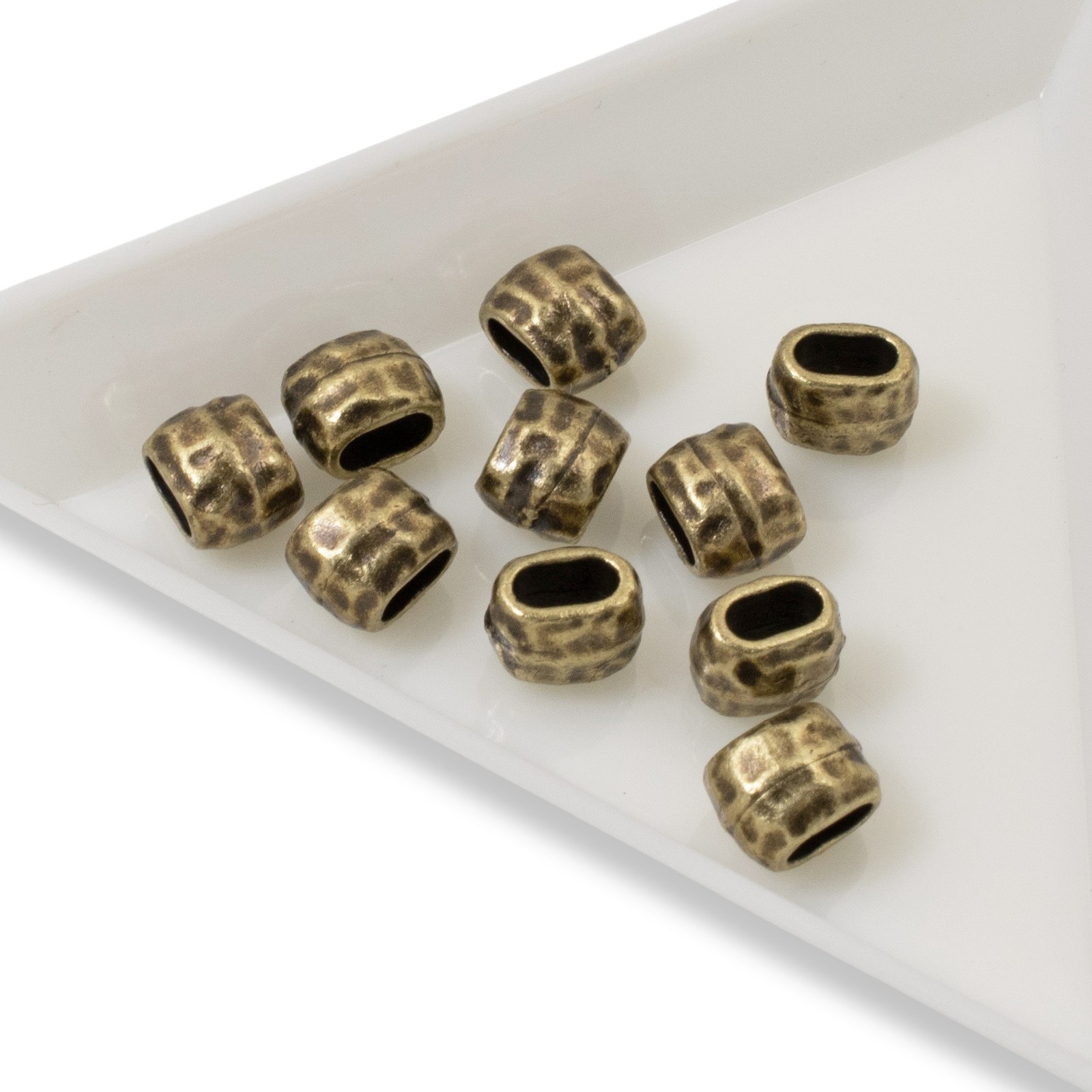 10 Antique Brass Hammered Barrel Leather Crimp Beads, 4x2mm Hole Size