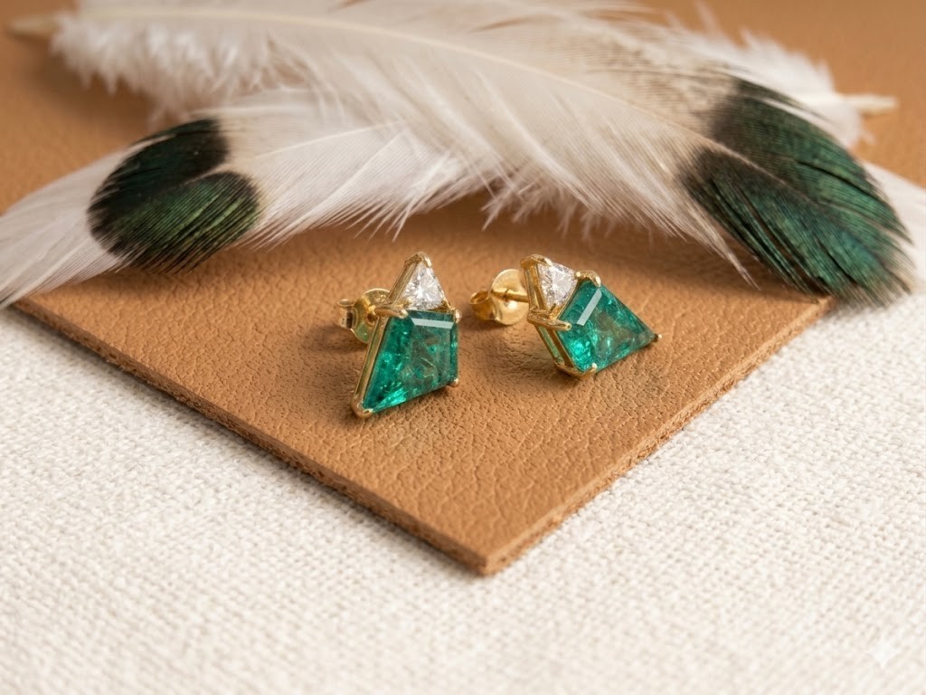 Kite Cut Emerald & Moissanite Earring For women in 925 sterling Silver Jewelry