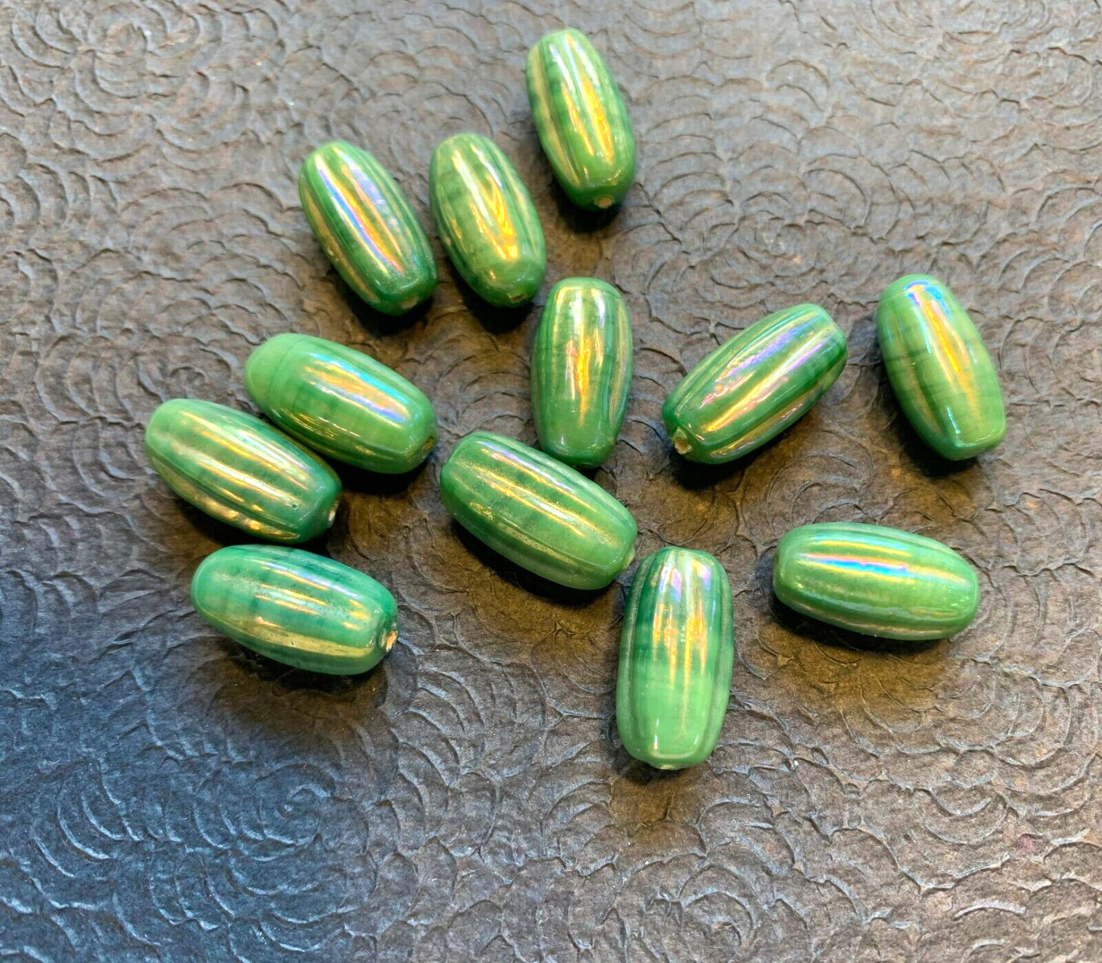 Oil slick beads green teal lustre glass beads 20mm long 12pcs