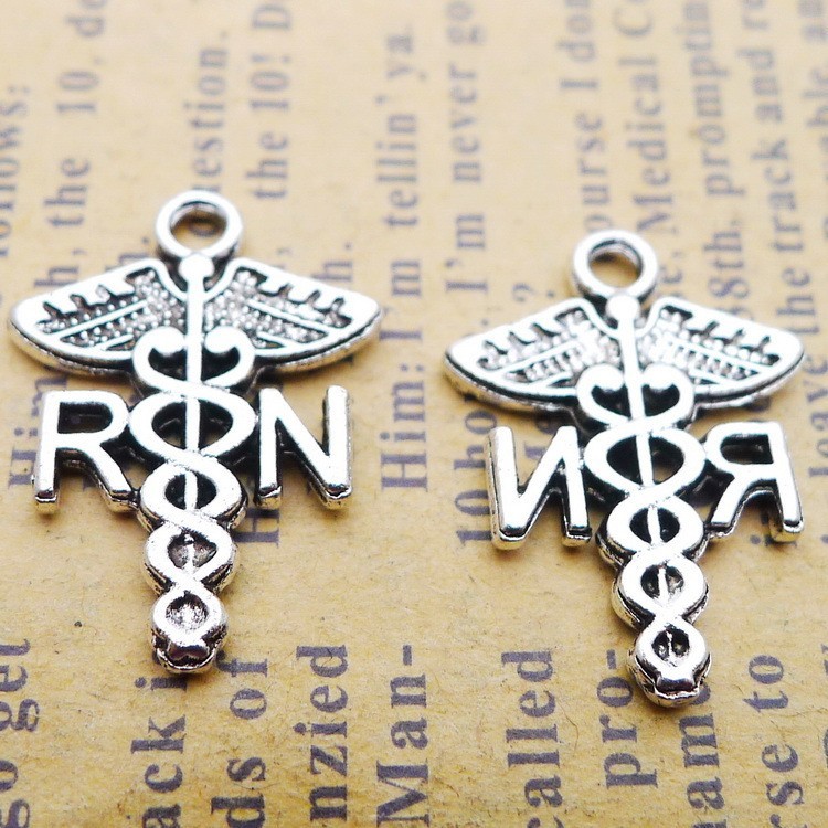 40PCS Antique Silver Tone Metal 2 Sided RN Nurse Hospital Charm Pendant JHS476