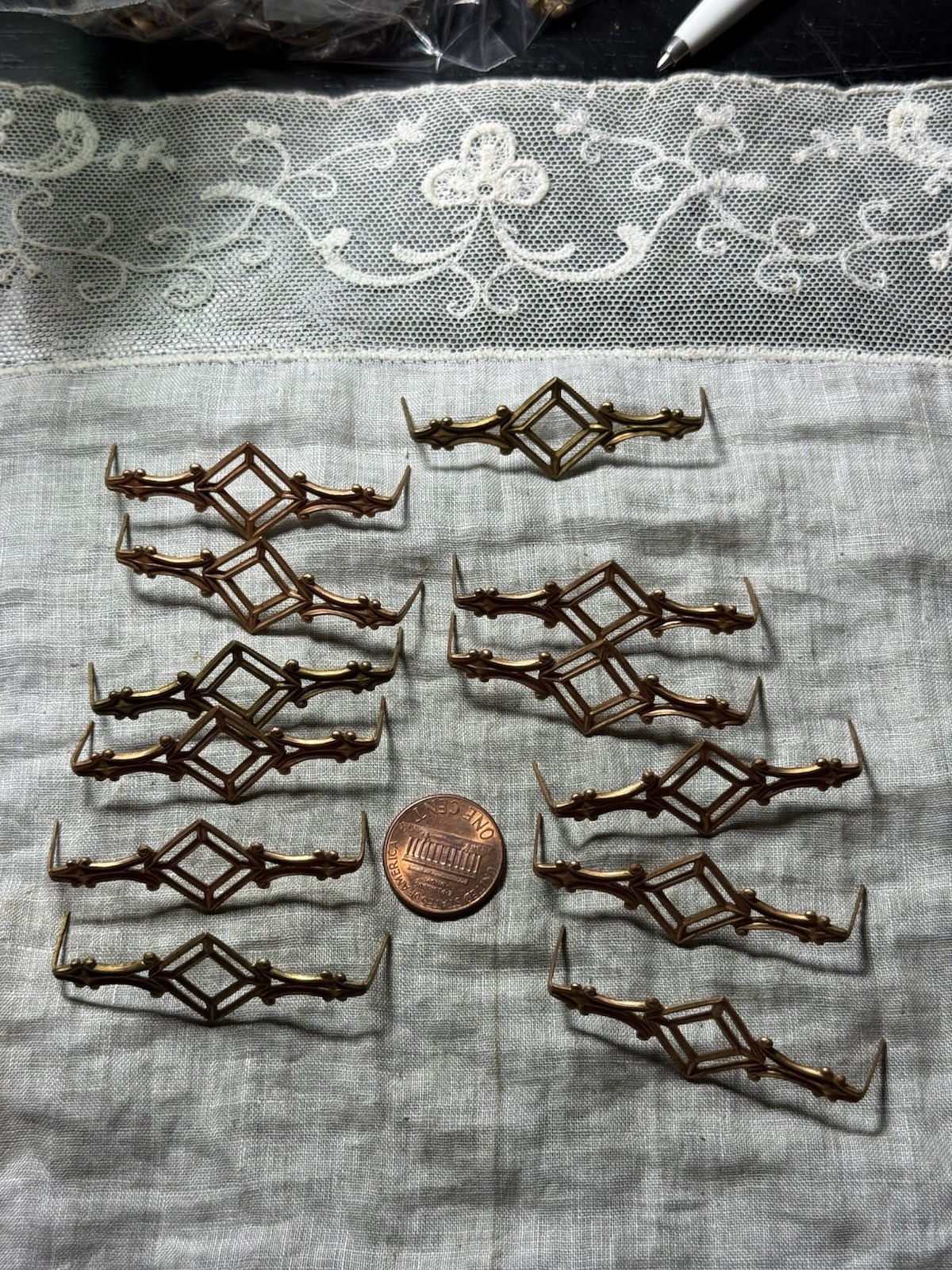 12 Art Deco Appliques / Findings with Prongs Copper Colored