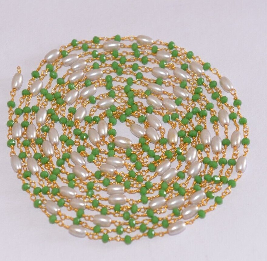 bulk beaded jewelry making rosary chain, 3mm green brads & rice pearl body chain