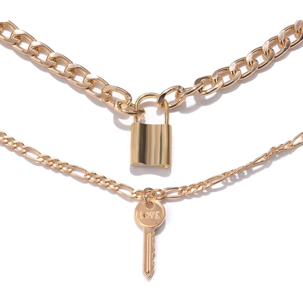 Boho Fashion Layered Necklace Prom Shinny Gold Chunky Key Lock Pendant Choker Ne
