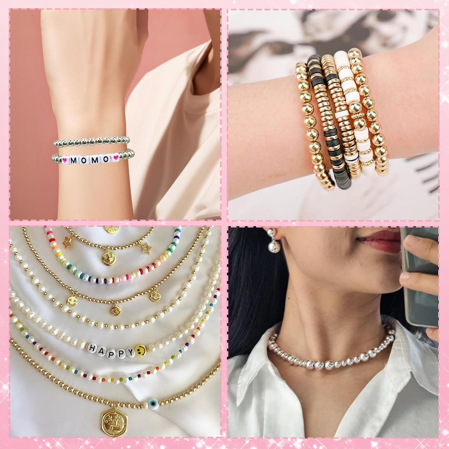 1740Pcs Spacer Beads 4Mm and 6Mm,Gold and Silver Assorted round Beads for Bracel