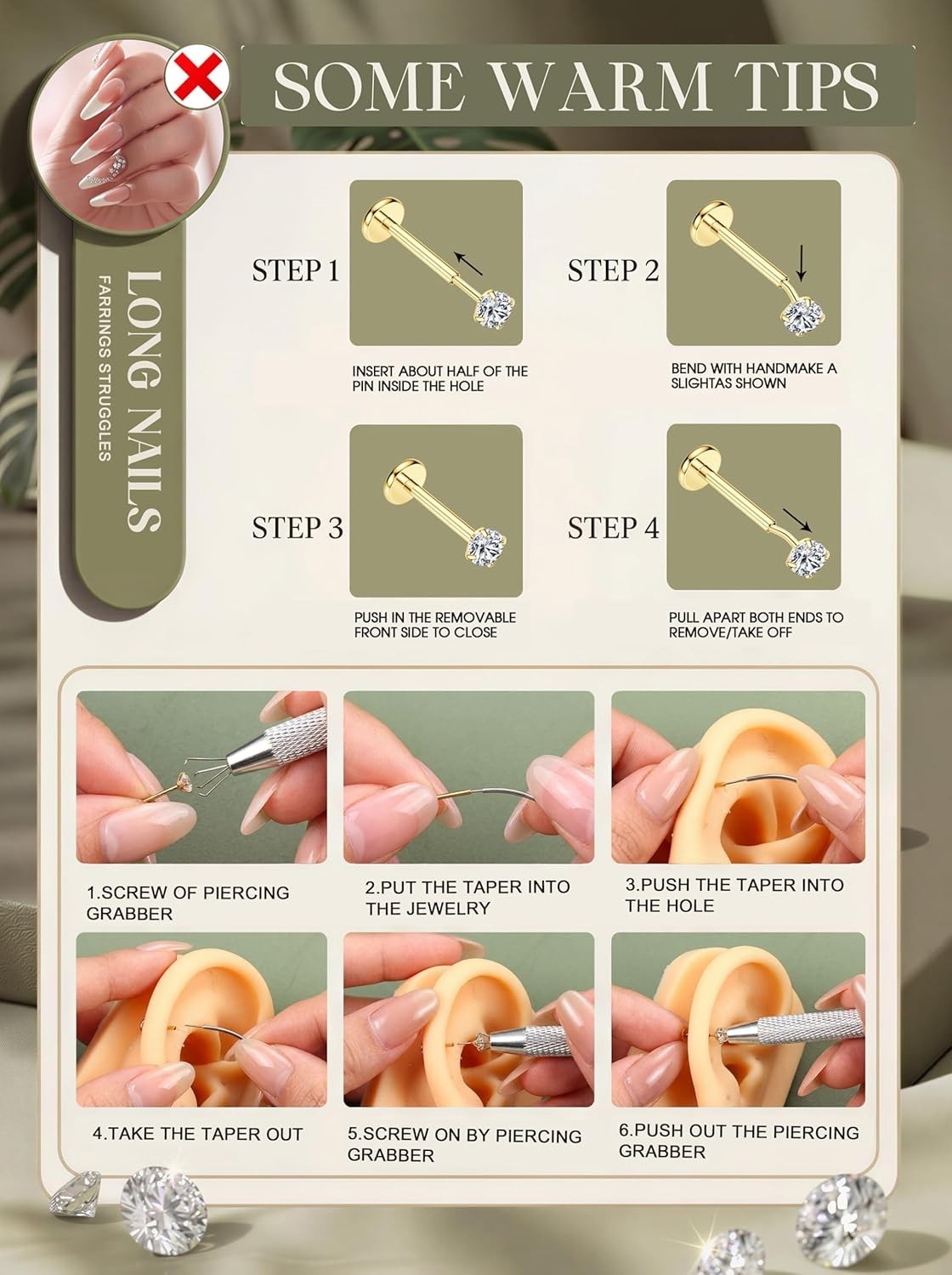 4 Pairs Moissanite Flat Back Earrings Hypoallergenic-Threadless Push in Nose …