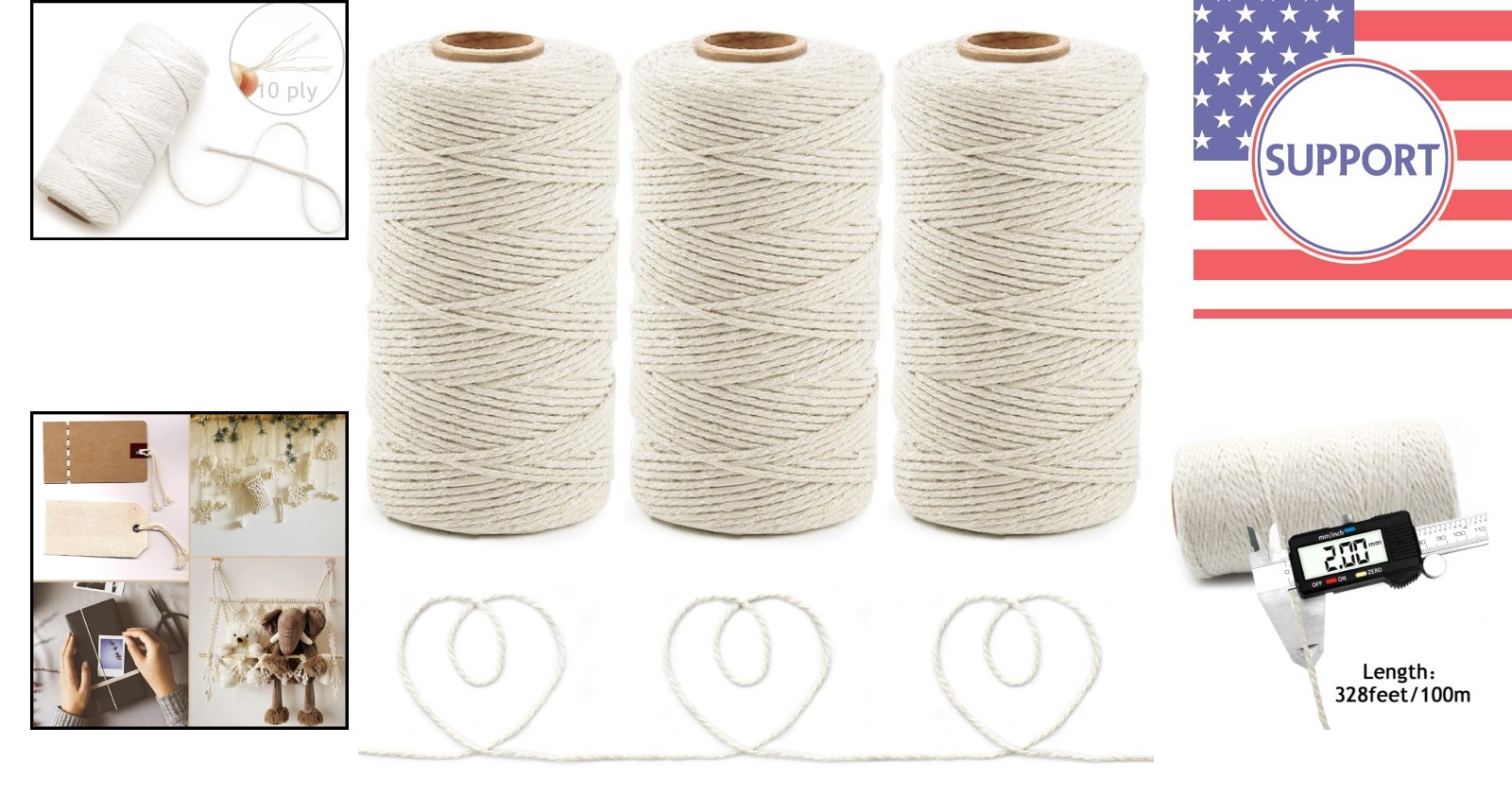 Elegant 984 Feet Cotton Twine Pack – 3 Rolls, 2mm, Perfect for All Occasions