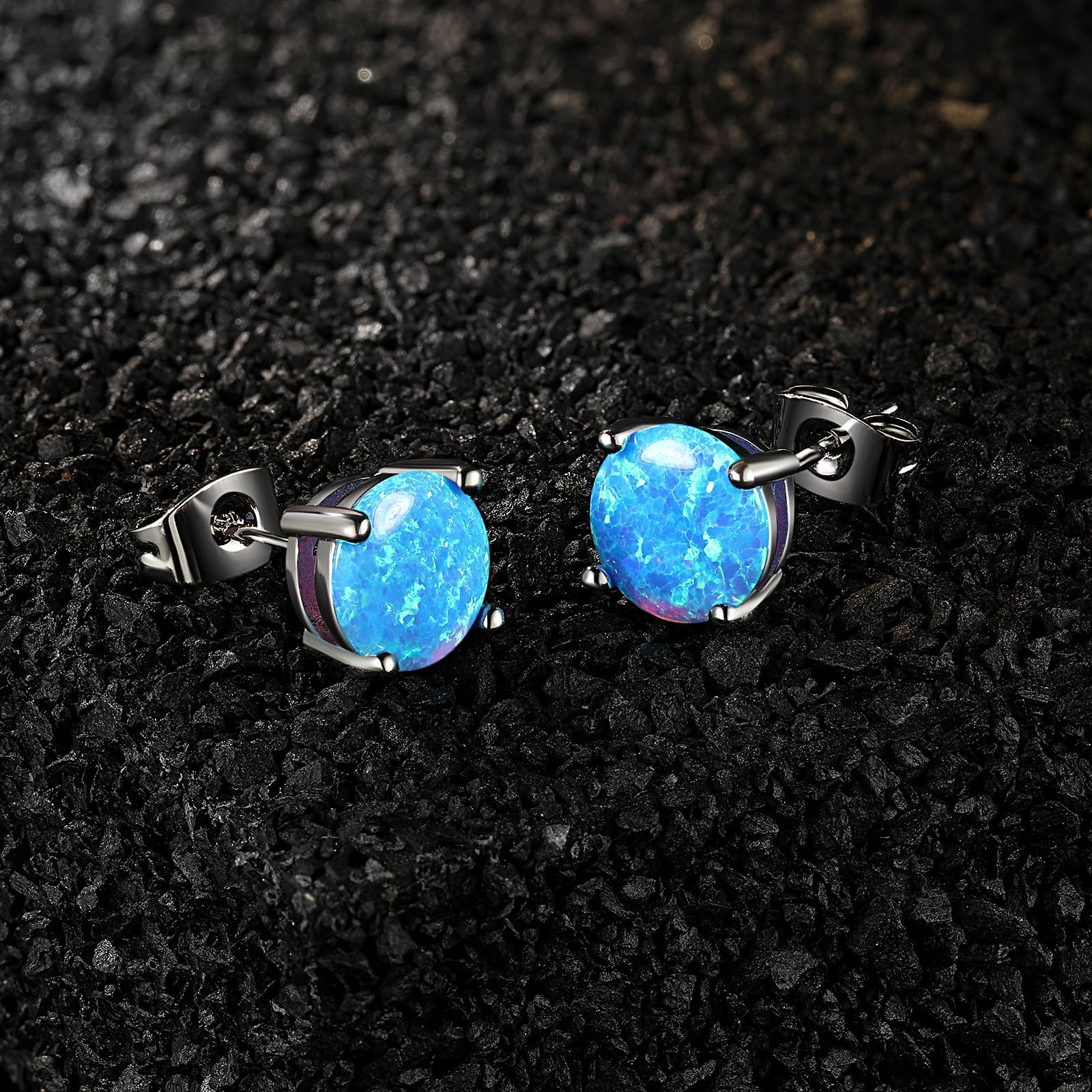 925 Sterling Silver Hypoallergenic Opal Stud Earrings, 8MM Blue Opal October Bir