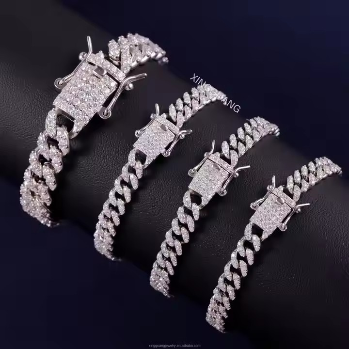 925 Solid Silver Miami Cuban Chain Moissanite Diamond Necklace 6-10 mm Width