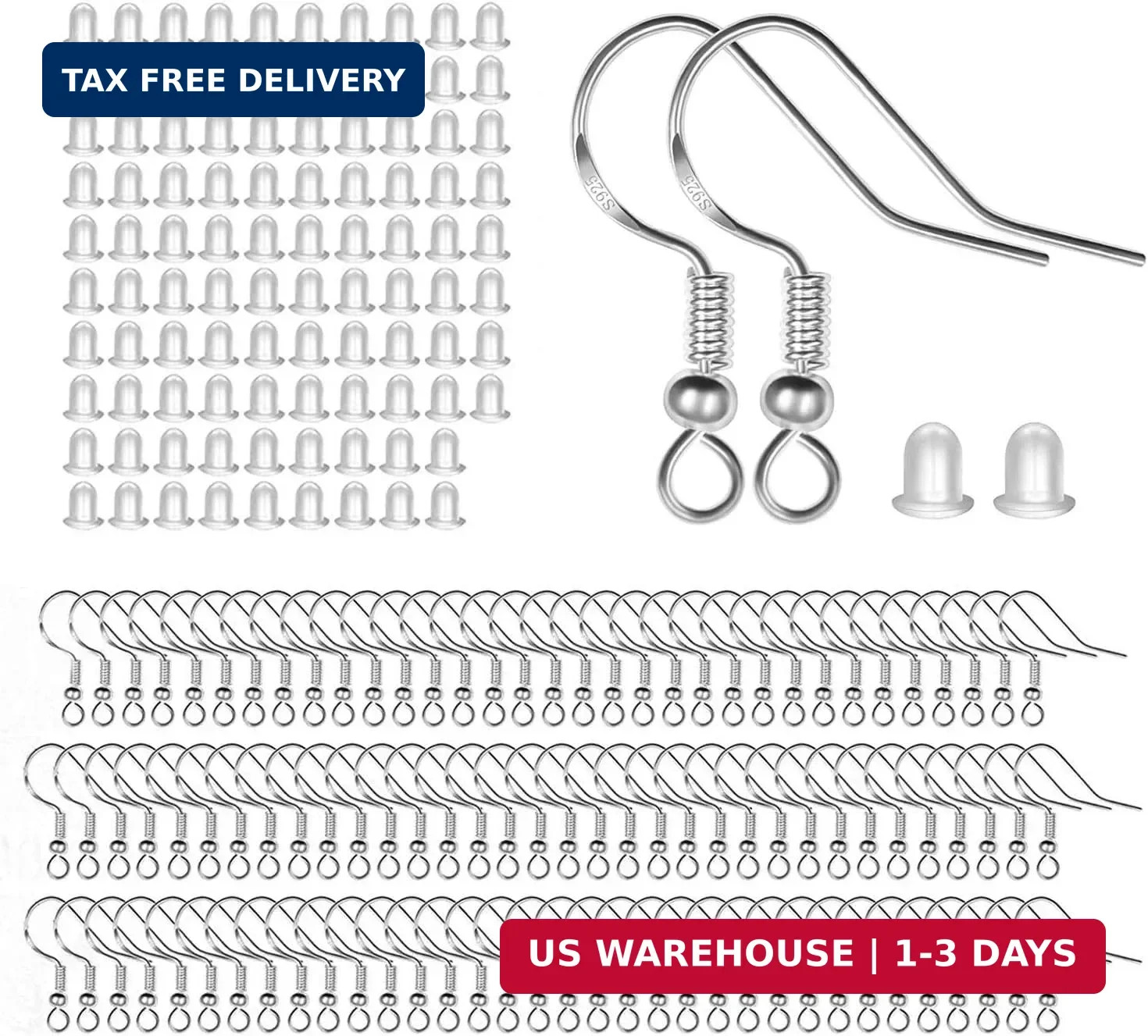 100 PCS / 50 Pairs 925 Sterling Silver Earring Hooks, Hook Ear Wires with 100 PC