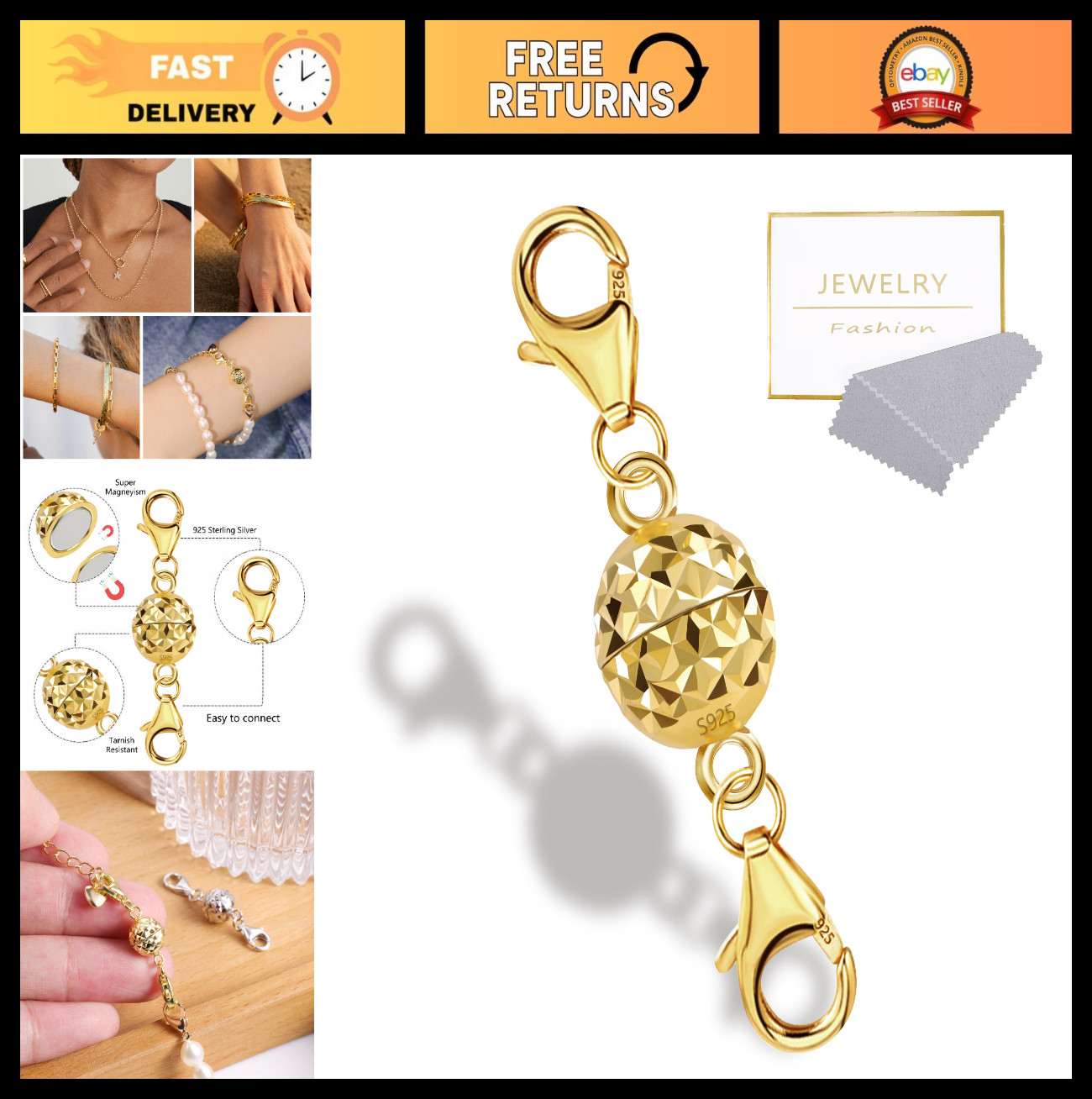 14K Gold Magnetic Necklace Clasps & Closures, Silver Jewelry Clasps for Bracelet
