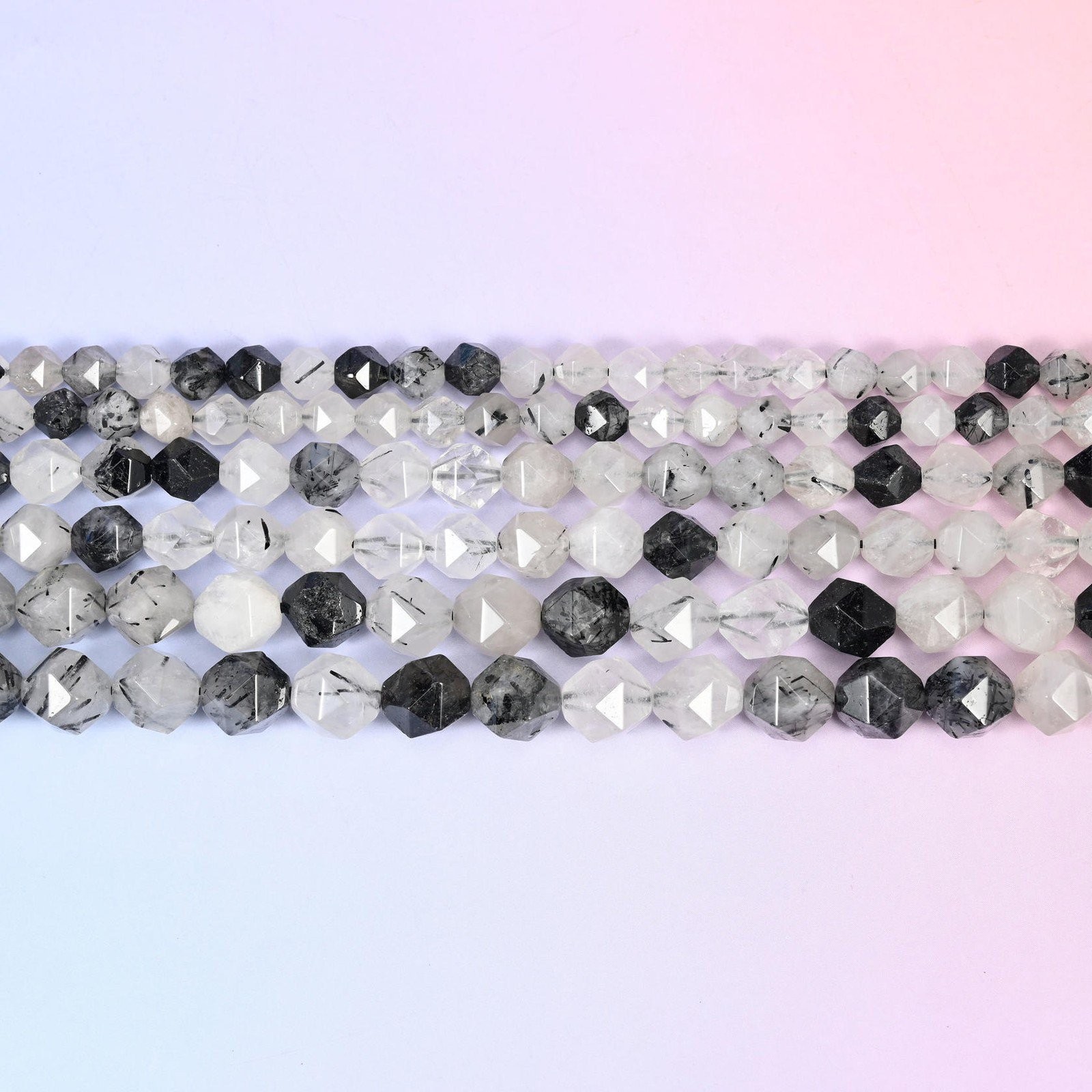 Black Rutilated Quartz Diamond Star Cut Beads 6mm 8mm 10mm 15.5 Inch Strand