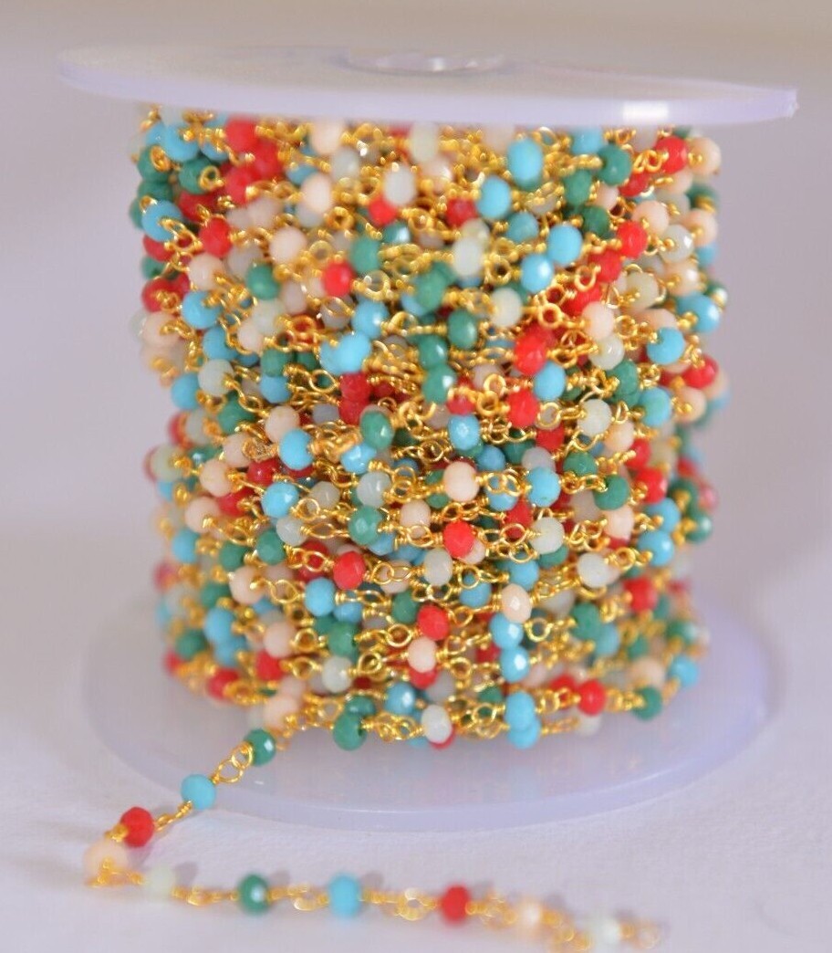 multi glass beads beaded rosary chain, Gold plated jewelry making bulk chain