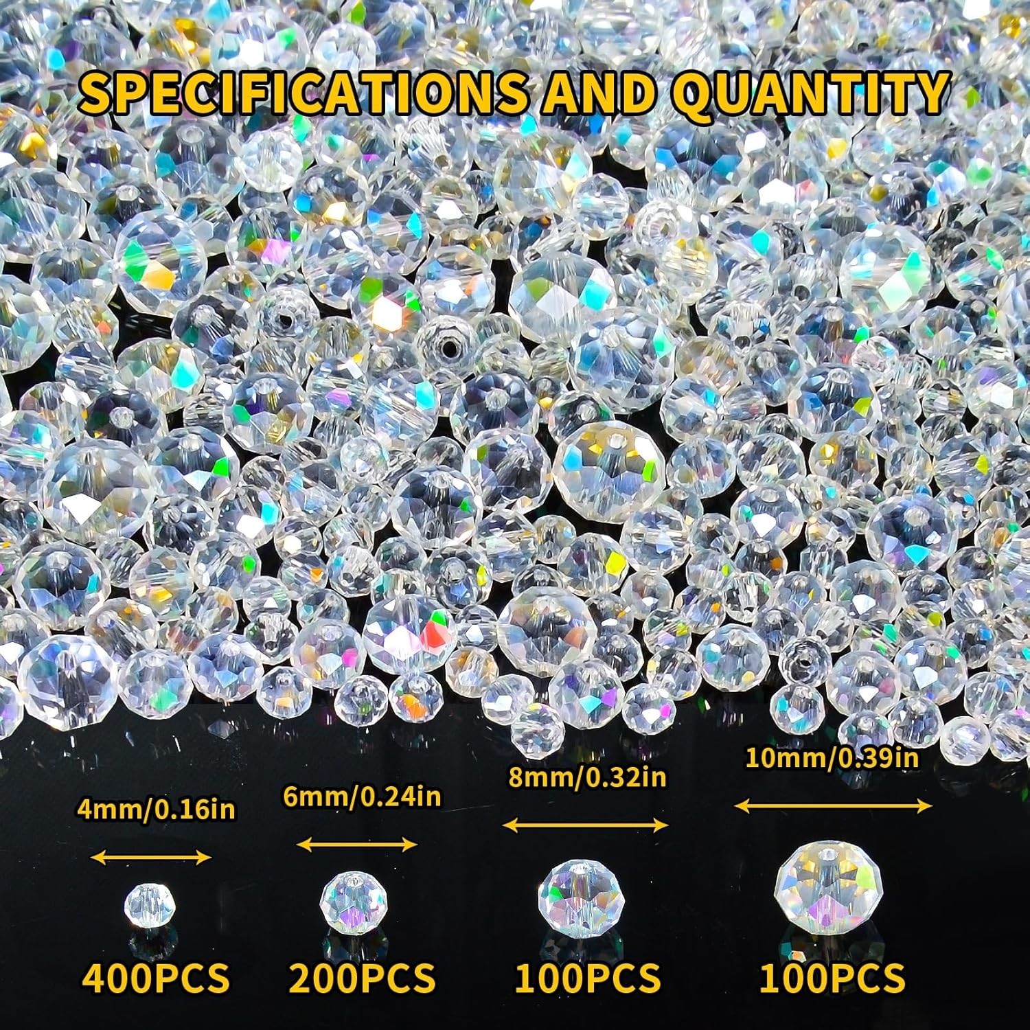 800Pcs 4/6/8/10mm Crystal Glass Beads Silver Champagne for Jewelry Making