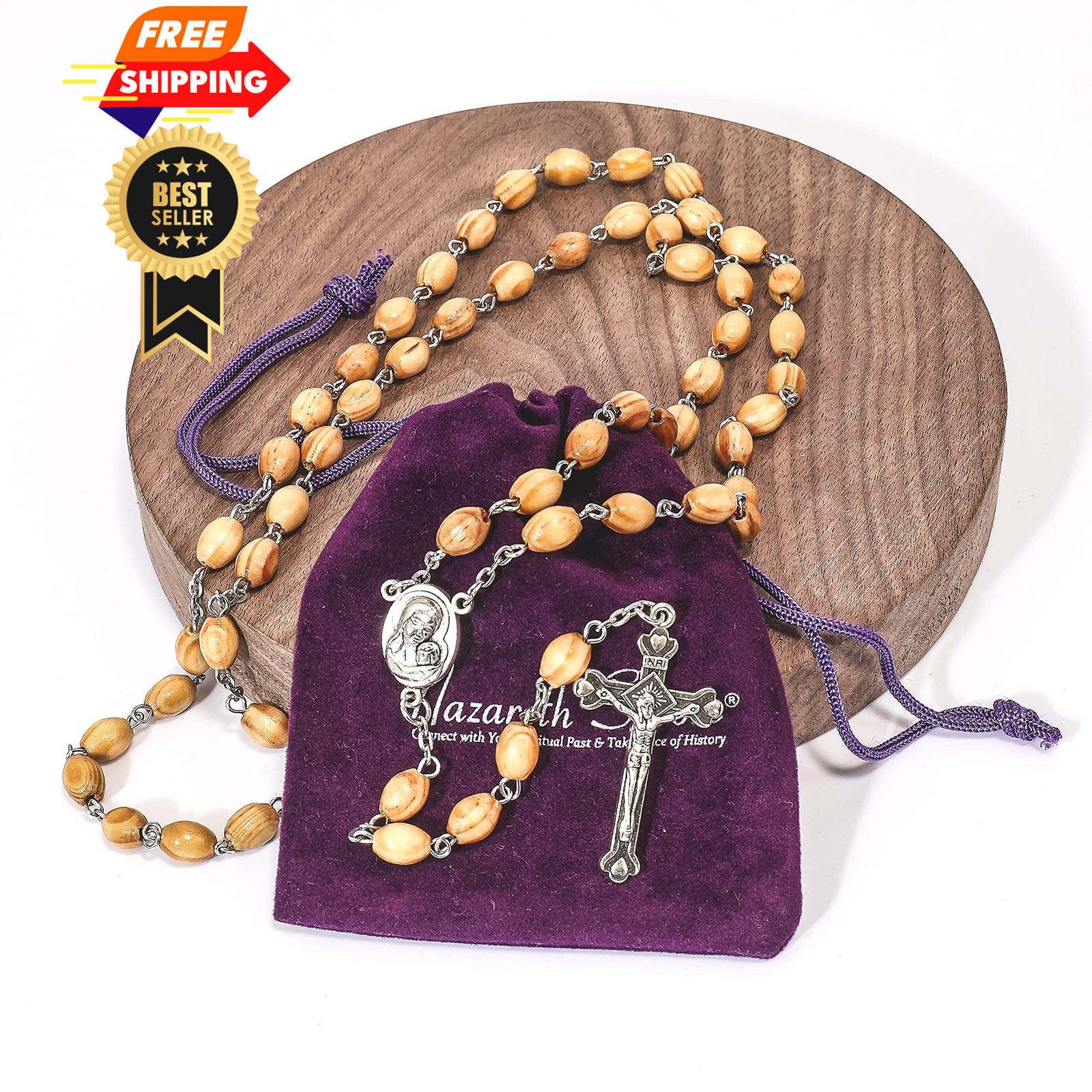Nazareth Store Catholic Prayer Rosary Olive Wood Beads 21 inches, Brown