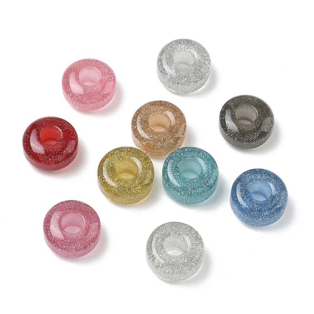 50Pcs Transparent Resin European Beads, Glitter Powder Large Hole Rondelle Beads
