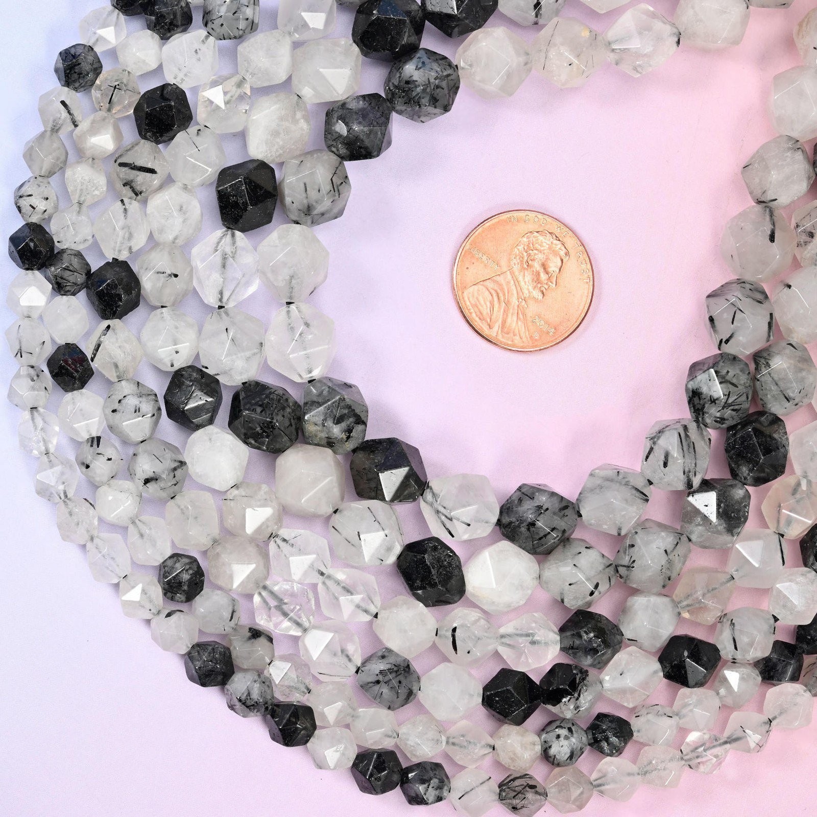 Black Rutilated Quartz Diamond Star Cut Beads 6mm 8mm 10mm 15.5 Inch Strand