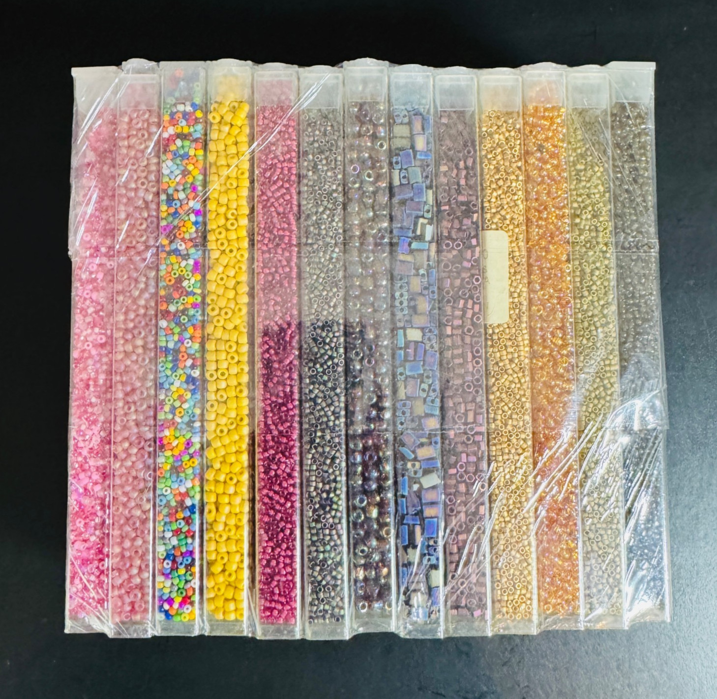 Glass Seed Bead Lot 26 Tubes – Iridescent Neon Mix Different Sizes NOS
