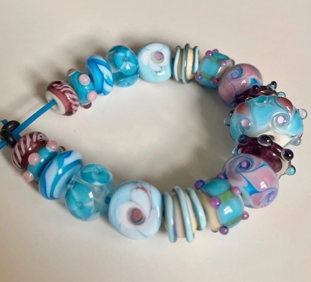 21-Piece Set of Handcrafted Lampwork Glass Rondelle Beads in Blue/Purple