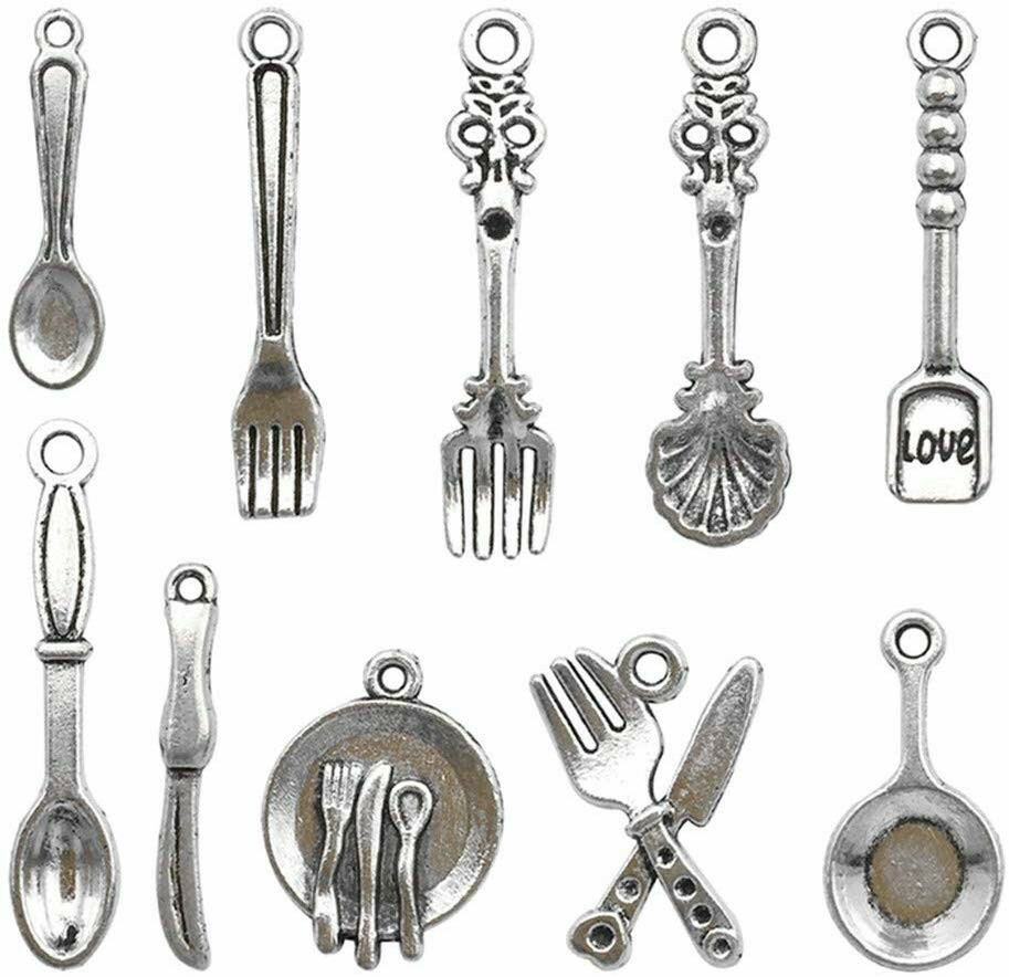 Kitchen Charms Antiqued Silver Cooking Pendants Chef Miniatures Fork Plate 10pcs
