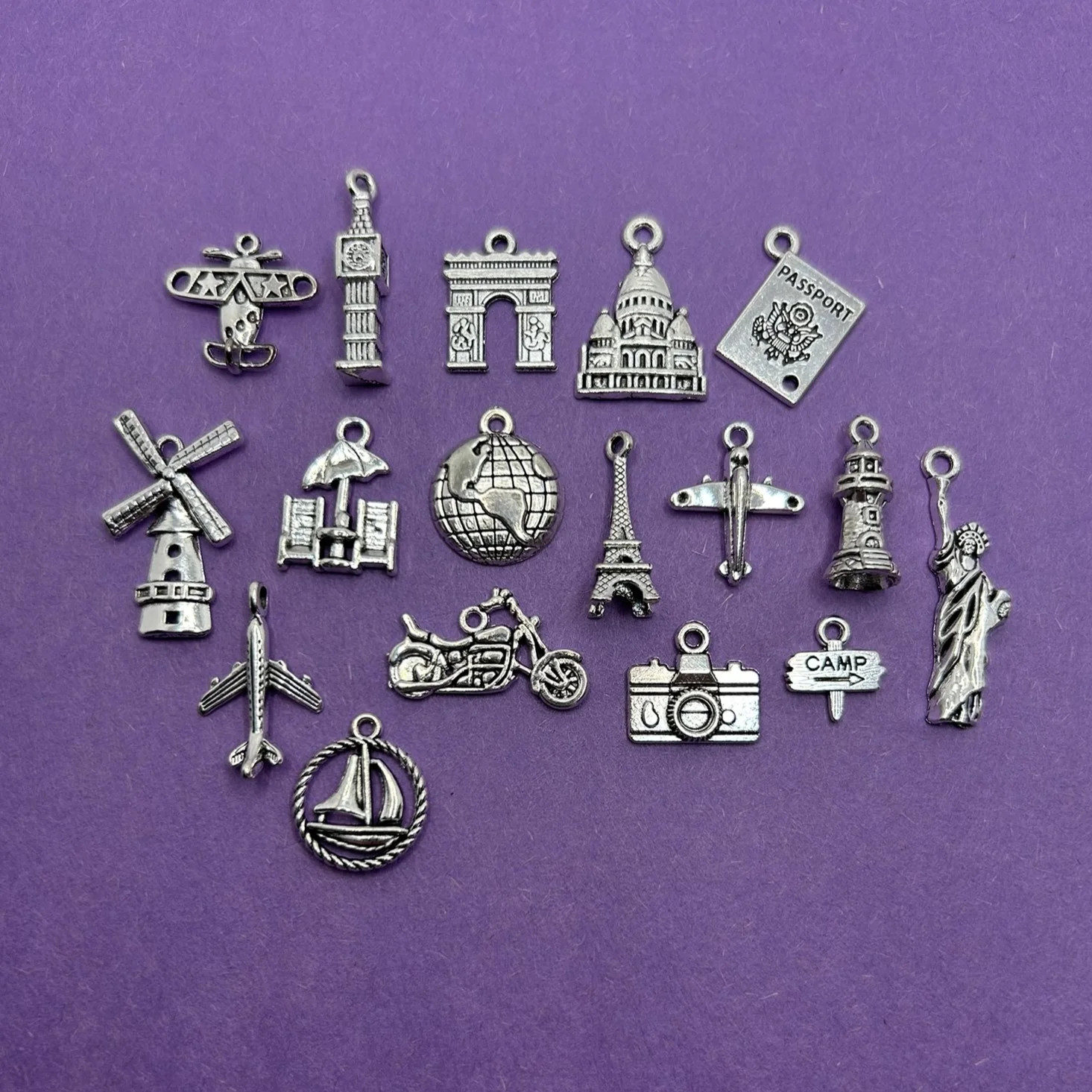 Silver Mixed Travel Charms – 17 Pieces – US Seller