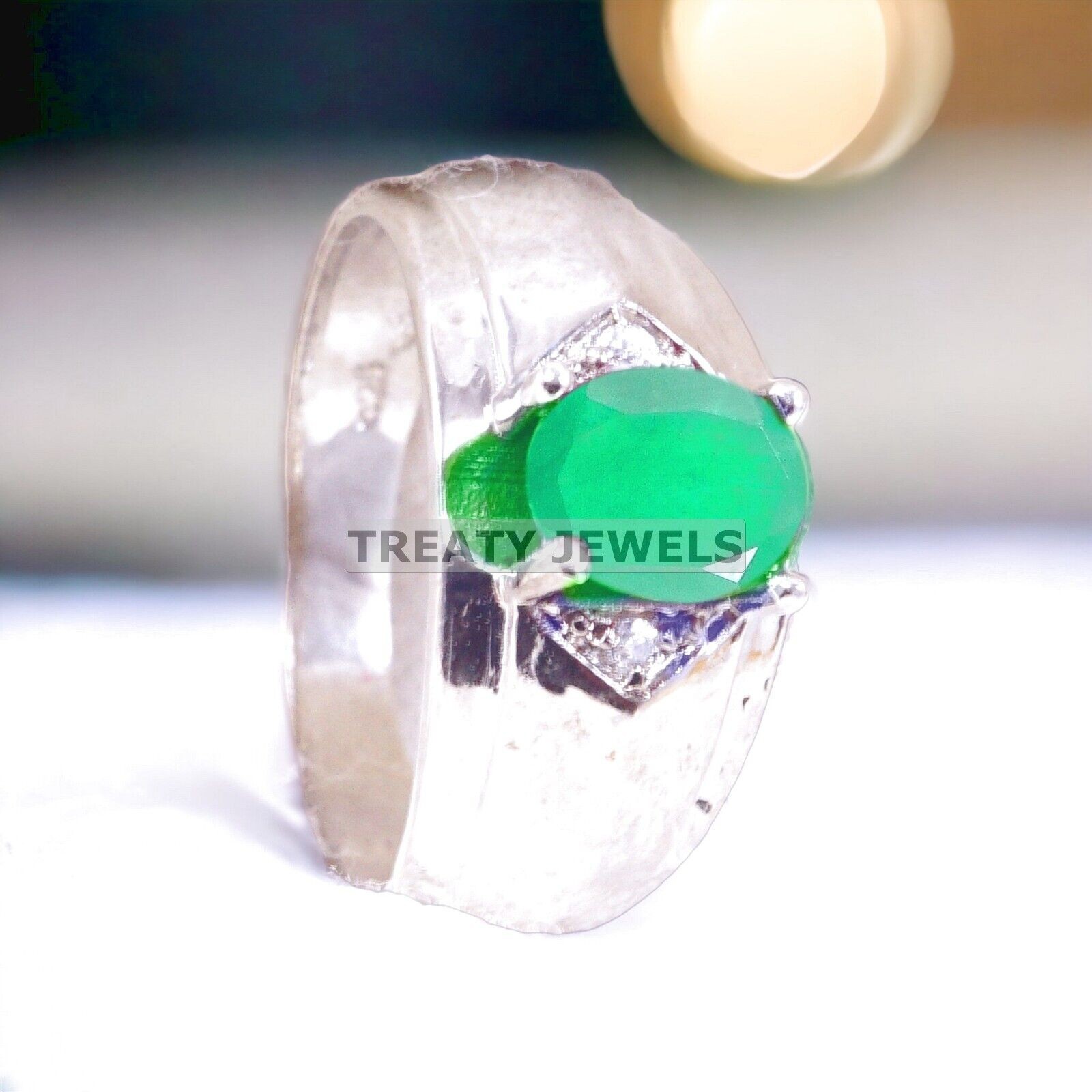 Emerald Oval Cut Gemstone With Solid 14K White Gold Ring For Men’s #A274 #