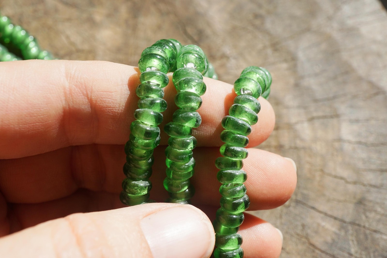 Artisan Made Green Java Glass Donut Beads (7mm) – Organic Parrot Green Strand