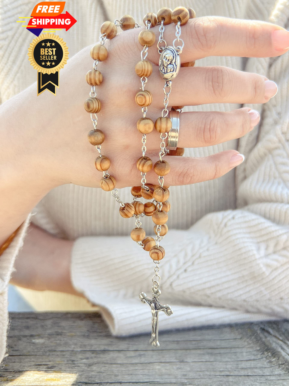 Nazareth Store Catholic Prayer Rosary Olive Wood Beads 21 inches, Brown