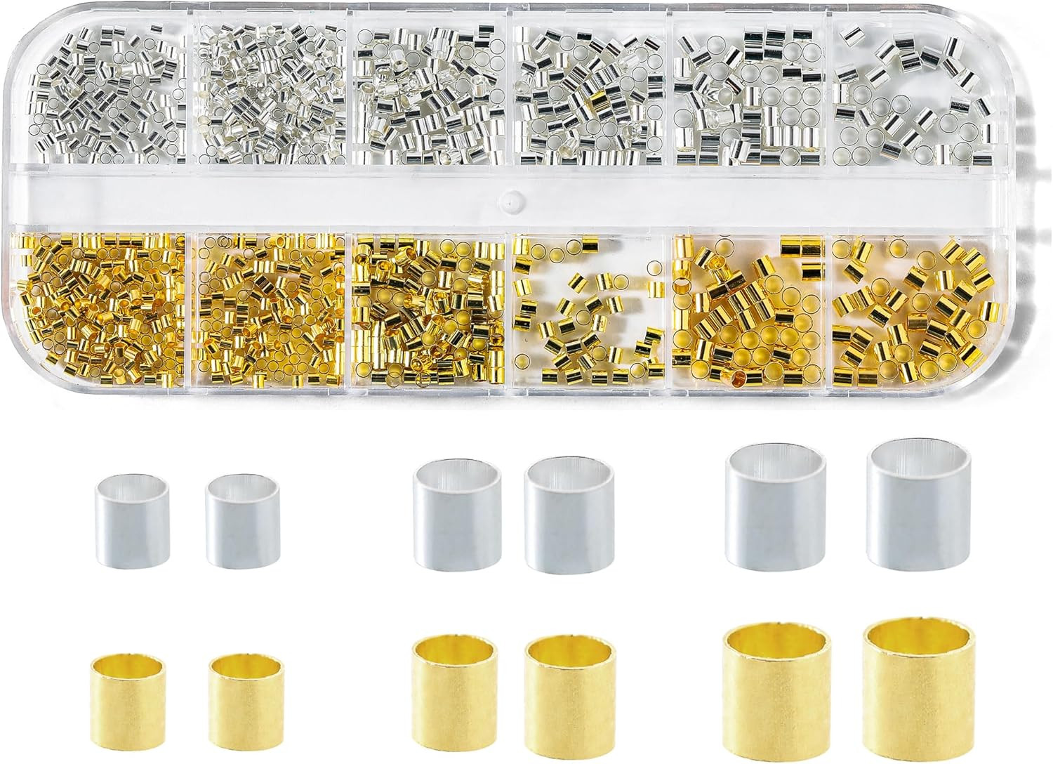 1050 Pcs Silver and Gold Crimp Beads for Jewelry Making, 1.5Mm 2Mm 2.5Mm Crimpin