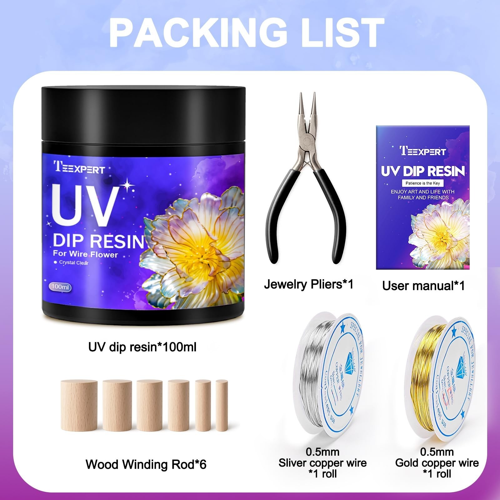 Teexpert UV Dip Resin for Wire Flowers Kit, 100g Crystal Clear UV Resin Start…