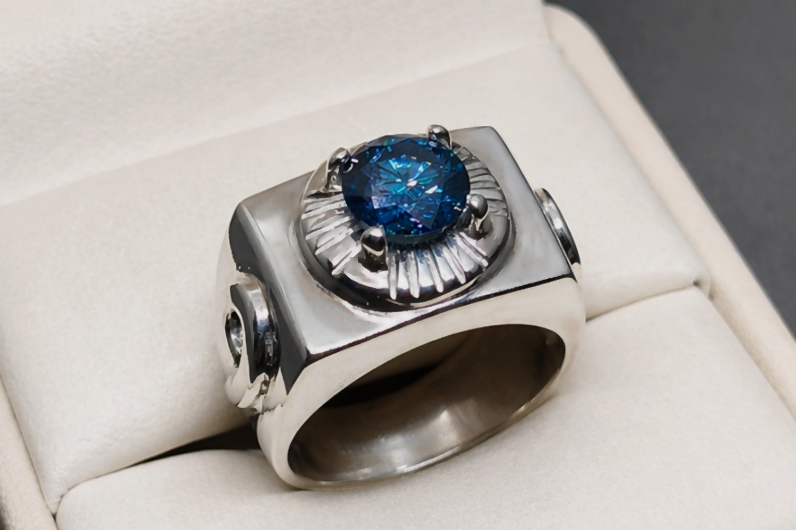 Round Cut Blue Moissanite Diamond Sterling Silver 925 Handmade Mens Digits Ring