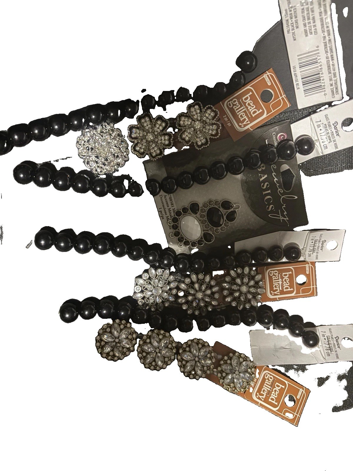 Darice Black Round Glossy Glass Bead Strands w/ Rhinestone Spacer Beads Lot