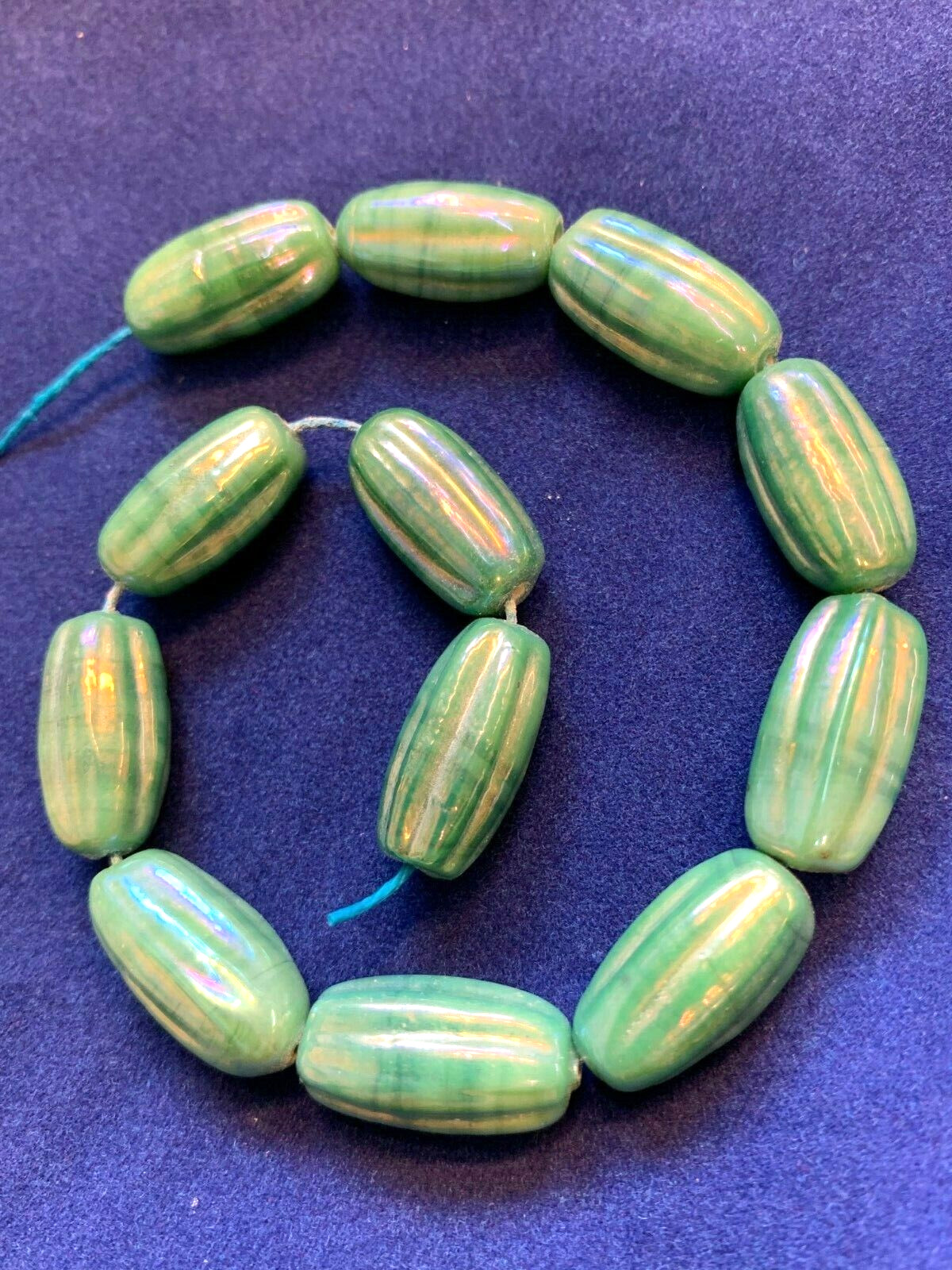 Oil slick beads green teal lustre glass beads 20mm long 12pcs