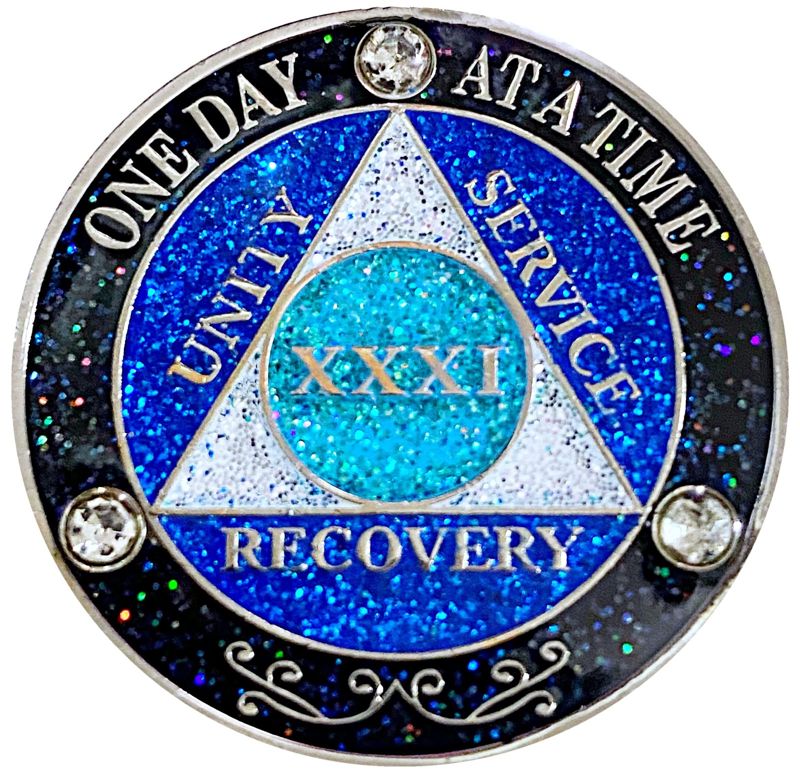(Years 1-50) AA 31 Year Crystals and Glitter Sober Chip, Silver Color Plated …
