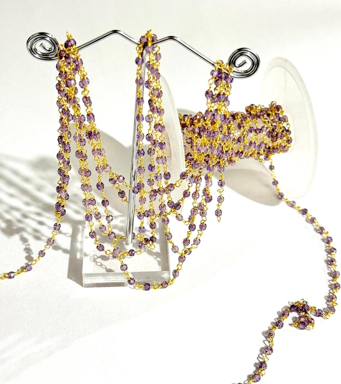 3mm Amethyst Zirconia beads bulk roll chain, gold plated jewelry making rosary